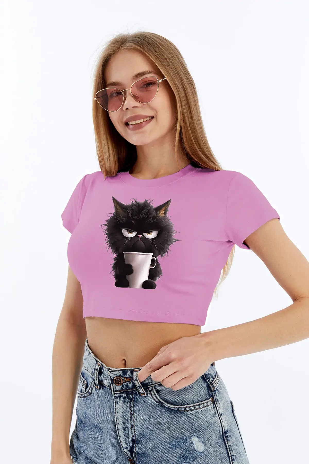 MYFORA Kızgın Kedi Baskılı Crop Kadın Tişört | %100 Viskon