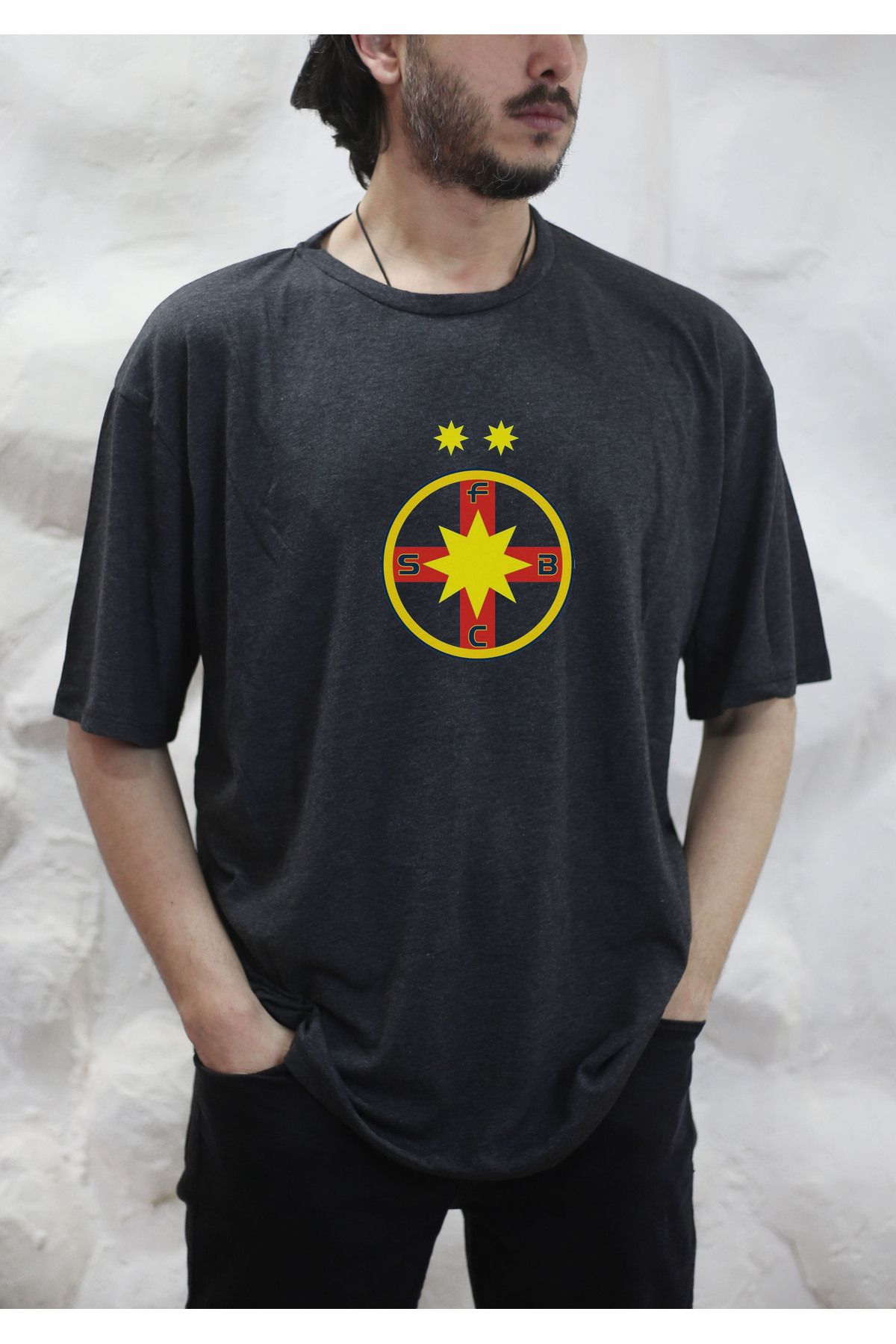 sielta Romanya Fcsb Echipa De Fotbal Baskılı Oversize Erkek Pamuklu Antrasit Tişört T-shirt