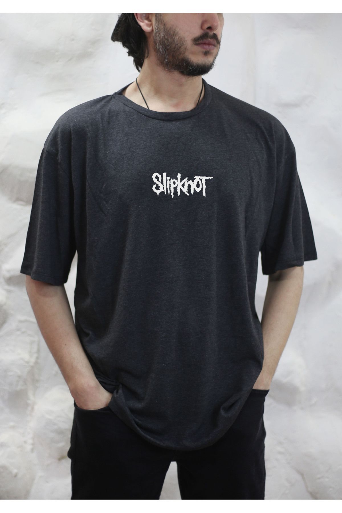 sielta Slipknot Müzik Grubu Baskılı Oversize Erkek Pamuklu Antrasit Tişört T-shirt