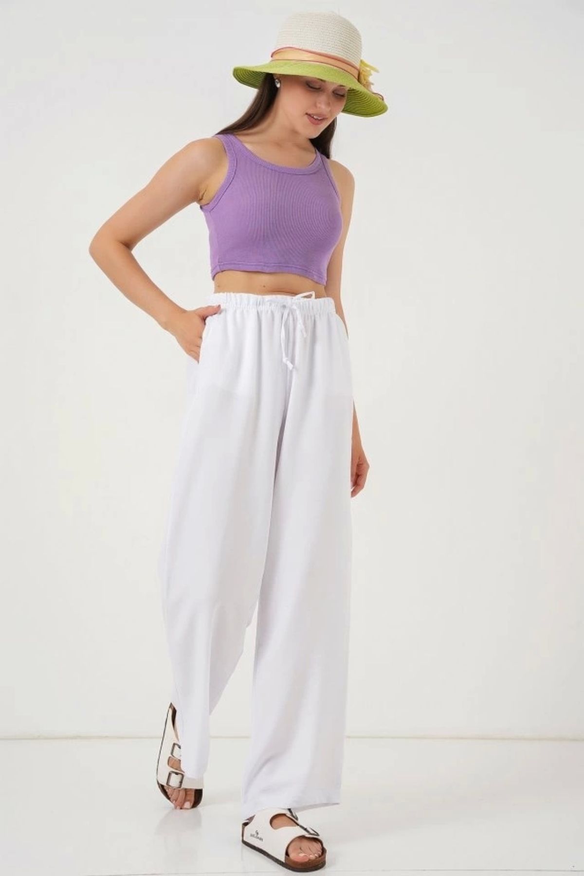 Butik Geniş Paça Keten Pantolon 6735 - Beyaz