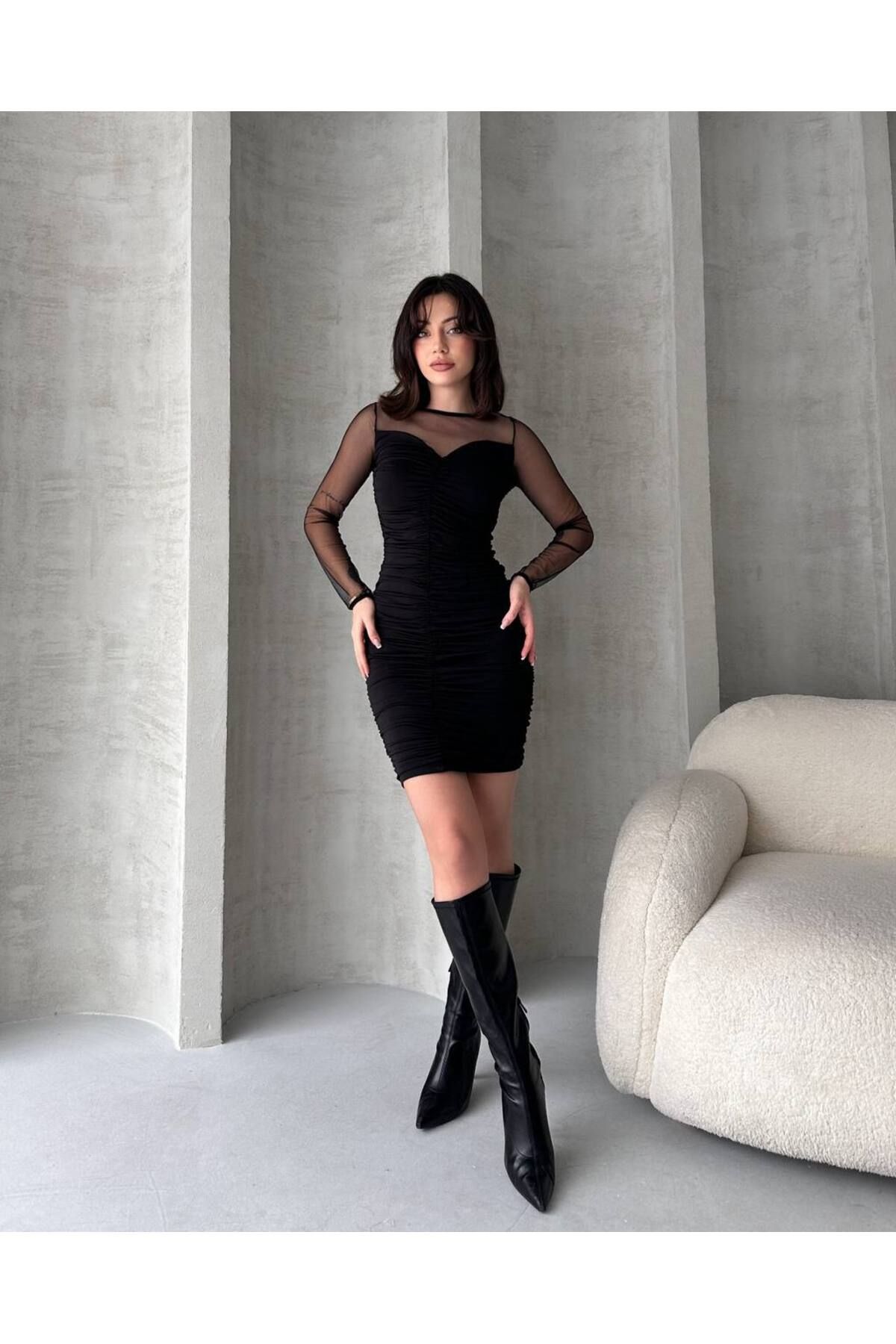 MODA tül detayli mini drapeli elbise