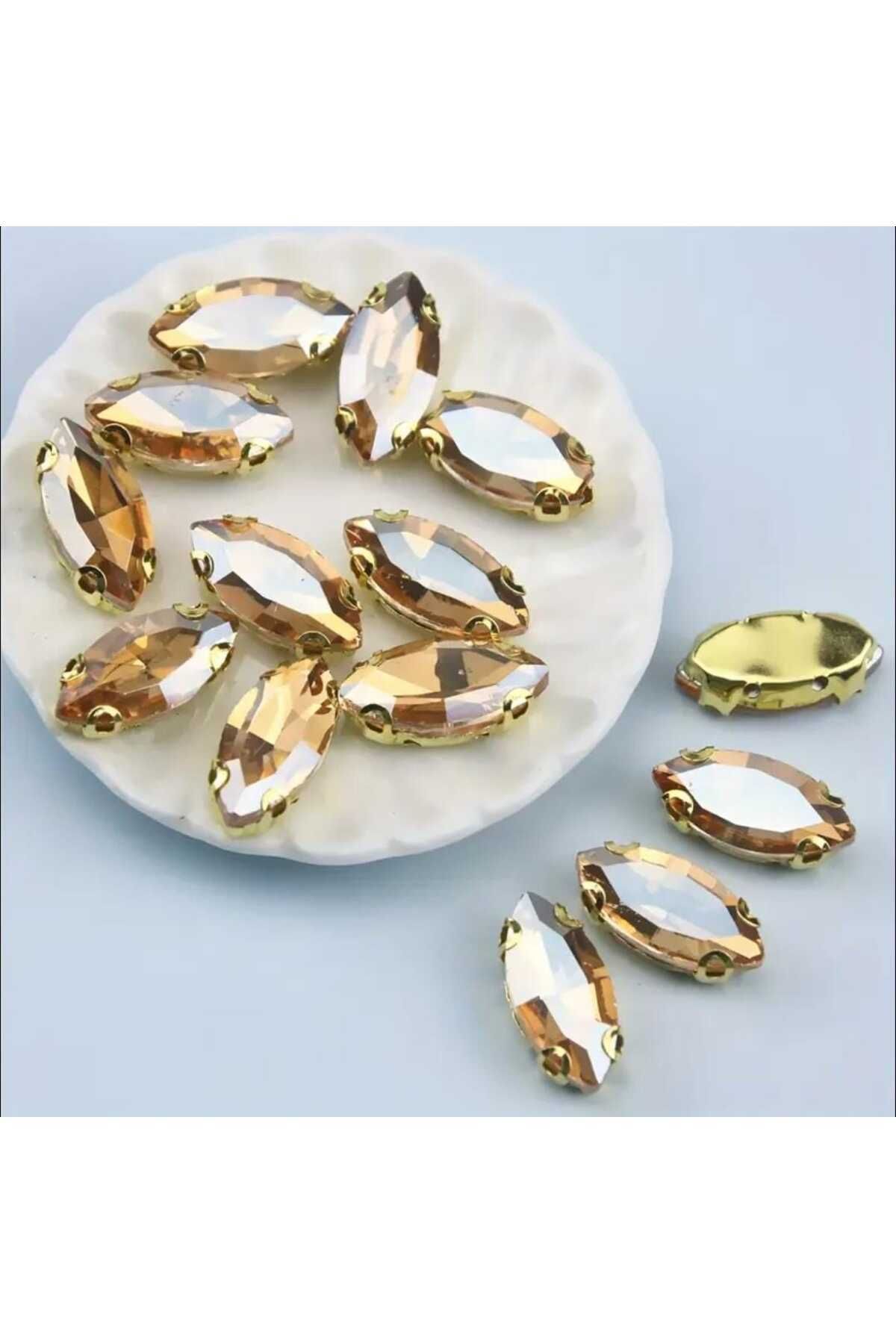 yiğit aksesuar 7x15 (1.5cm) 100 Adet Gold kasa Şampanya Kasalı Dikme Mekik Cam Taş