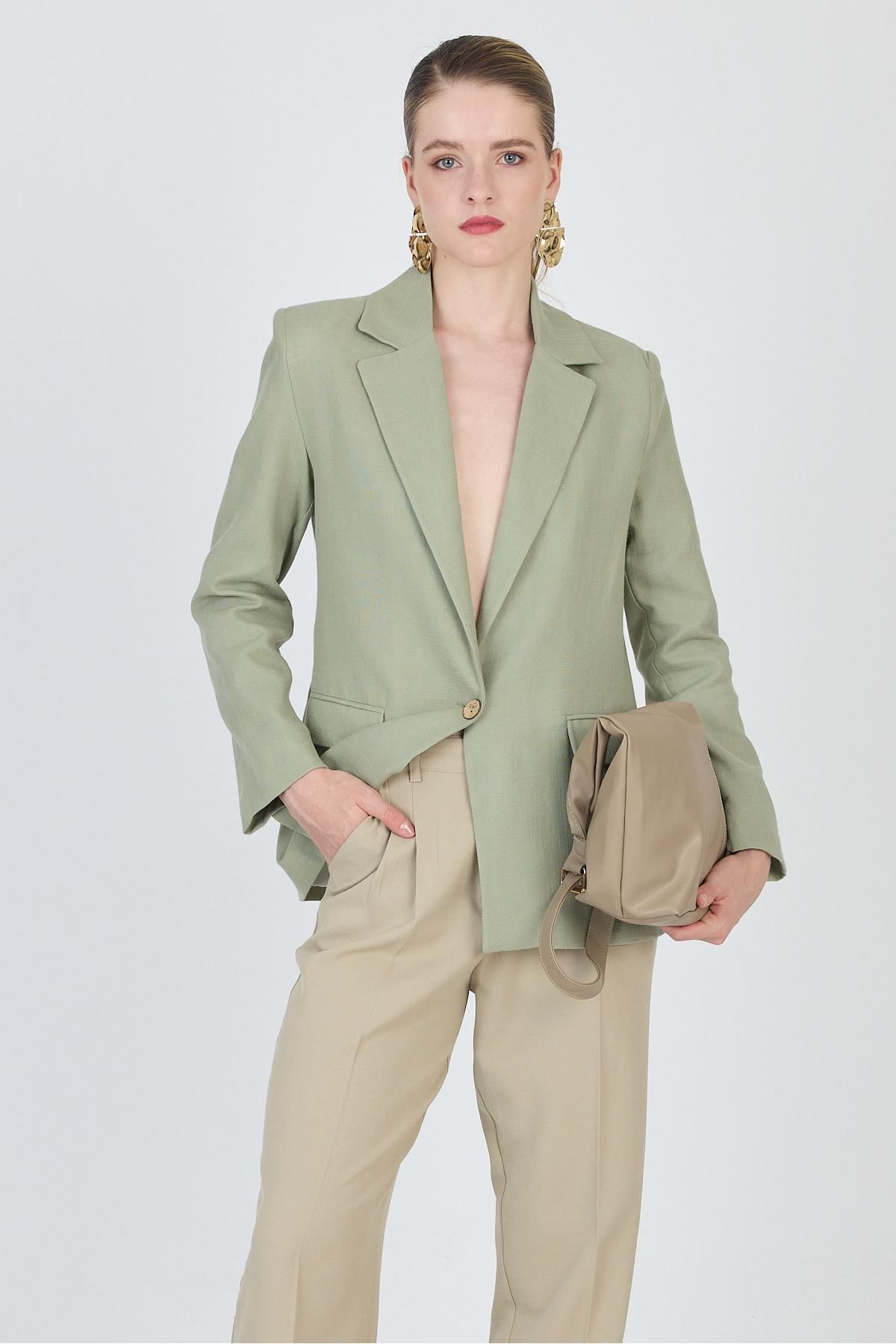 Rays Olive Yeşili Keten Görünümlü %100 Pamuk Astarlı Blazer Ceket 6023-3