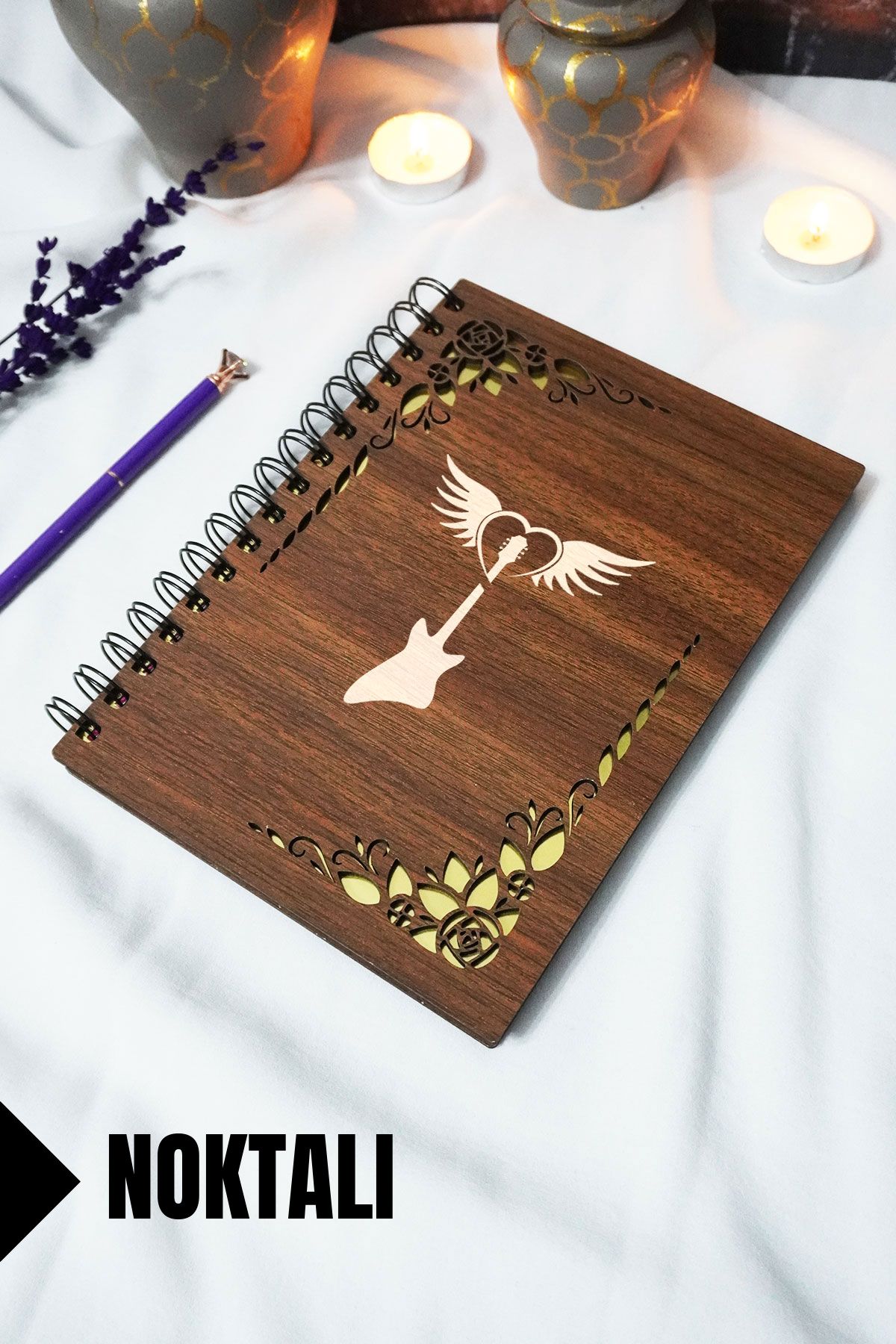 markcat Gitar Ahşap Kapaklı Spiralli Okul Defteri - Çizgili Defter - 60 yaprak (120 sayfa) - A5 15x21 cm