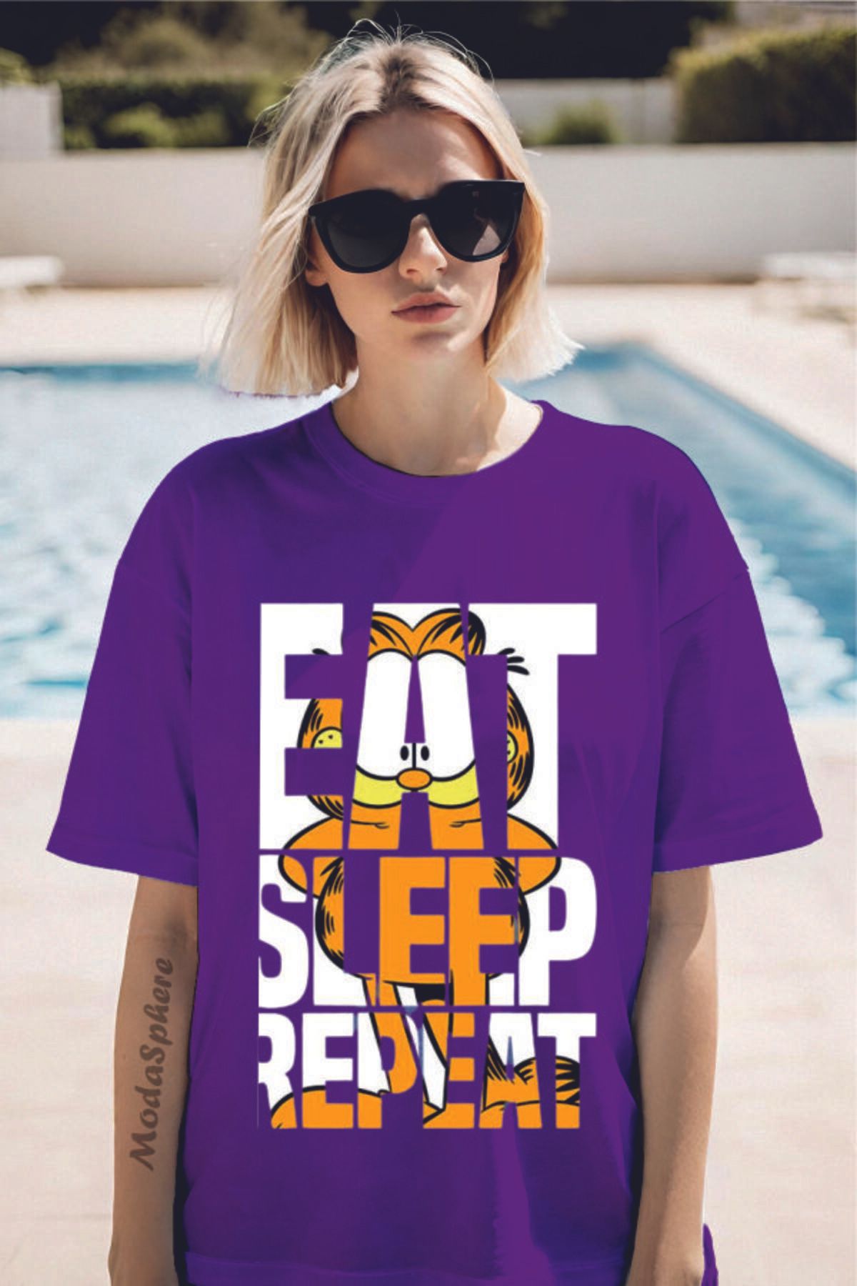 ModaSphere GARFIELD EAT Baskılı Bisiklet Yaka Unisex Oversize Tişört