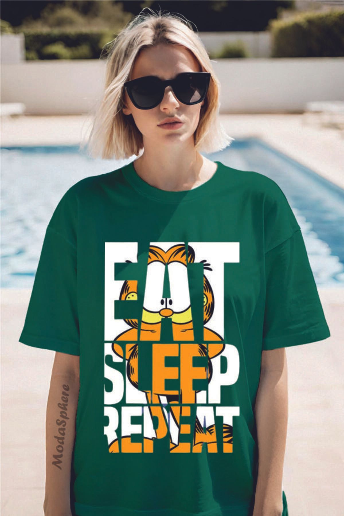 ModaSphere GARFIELD EAT Baskılı Bisiklet Yaka Unisex Oversize Tişört