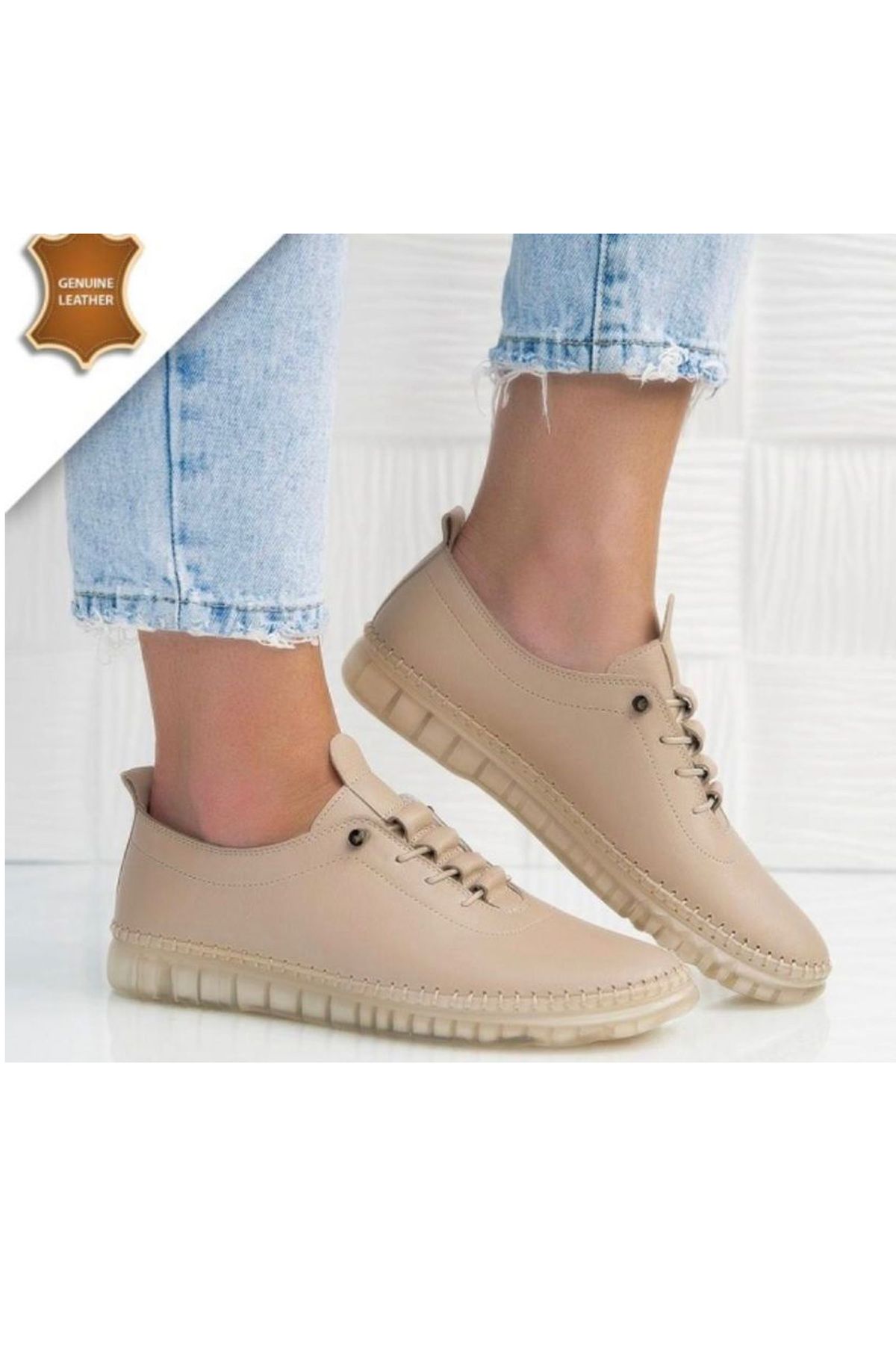 LUXEON Kadın Krem Hakiki Deri Lastik Bağcıklı Tam Ortopedik Şeffaf Taban Sneaker Şık Günlük Klasik Ayakkabı