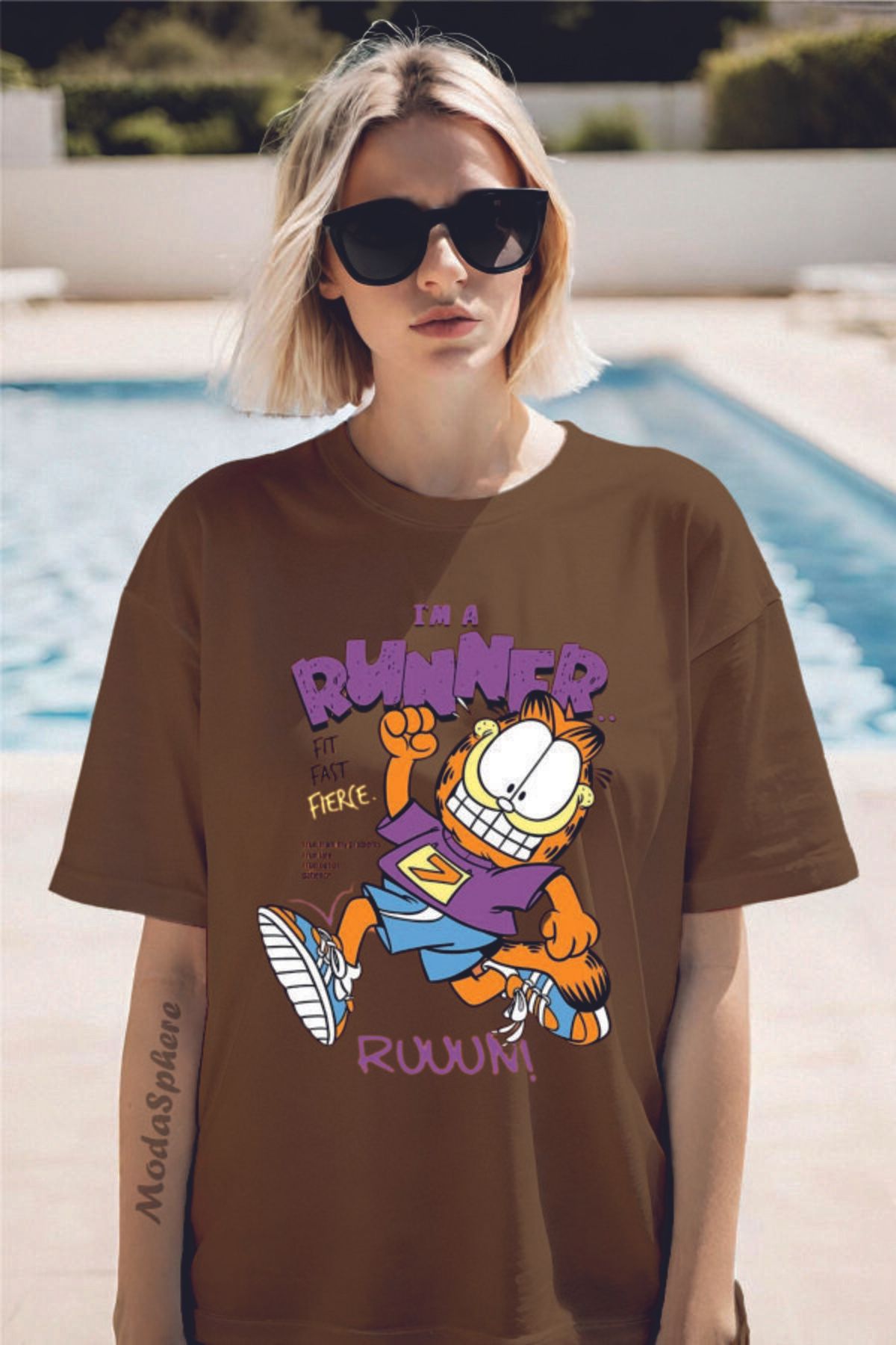 ModaSphere GARFIELD RUNNER Baskılı Bisiklet Yaka Unisex Oversize Tişört