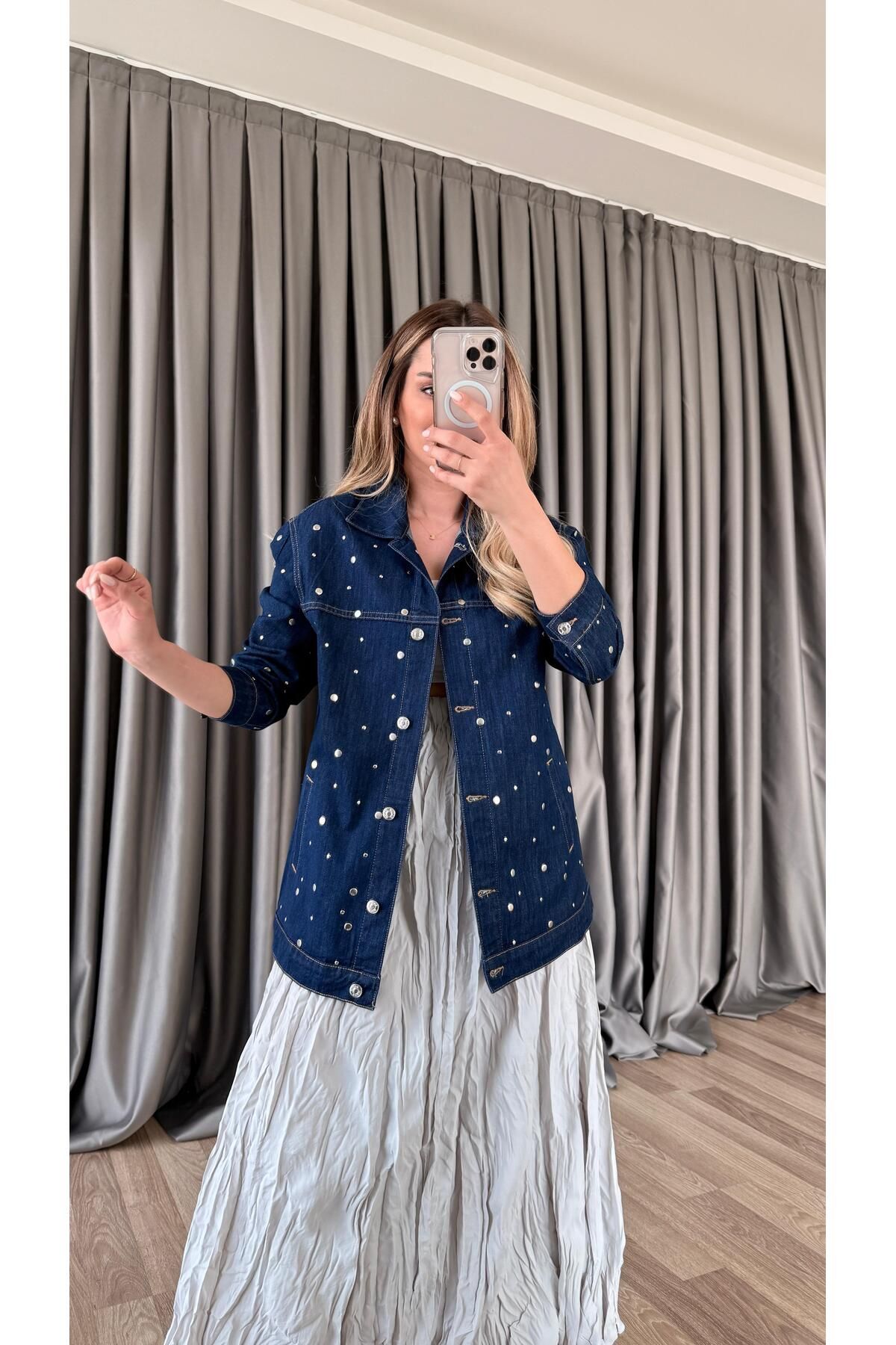 pelin yıldız butik Çakımlı Kuşak Detaylı Kot Ceket