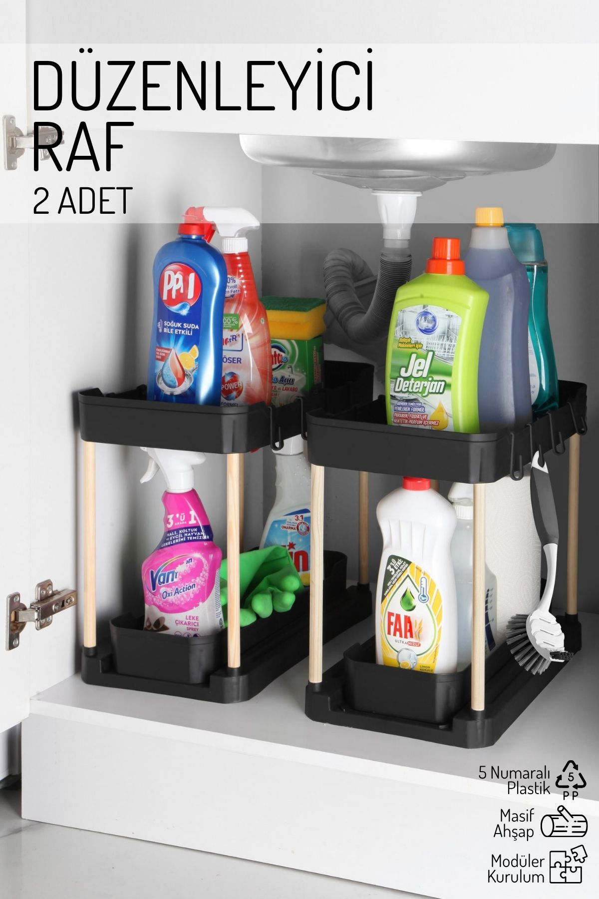 Nandy Home 2'Li Set Ahşap Ayaklı İki Katlı Fonksiyonel Düzenleyici – Dolap, Evye Altı, Tezgah Üstü SİYAH