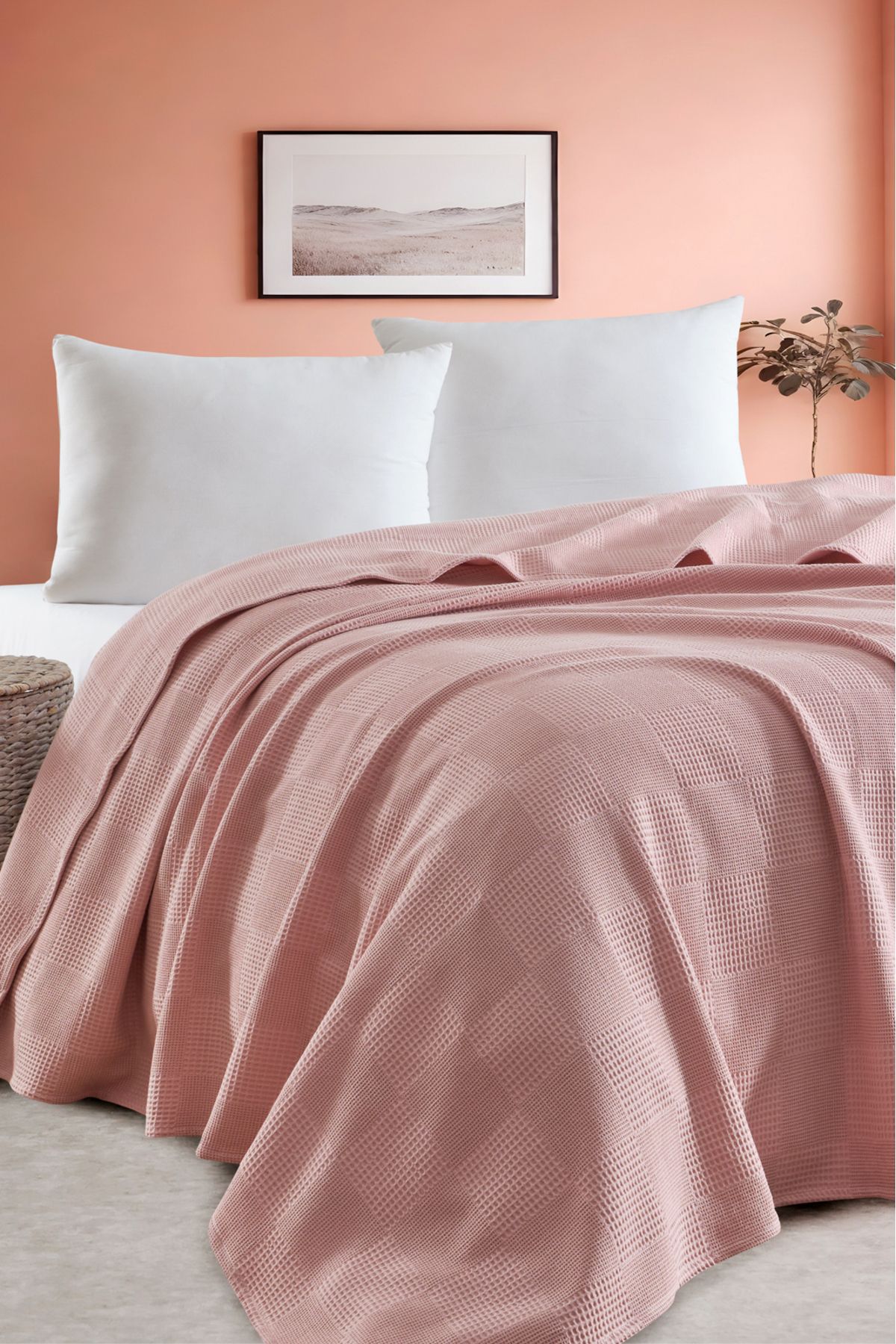 Eponj Home Çift Kişilik %100 Pamuk Pike Örtü 200x230 cm – Karo Desenli Pudra – Weave Serisi