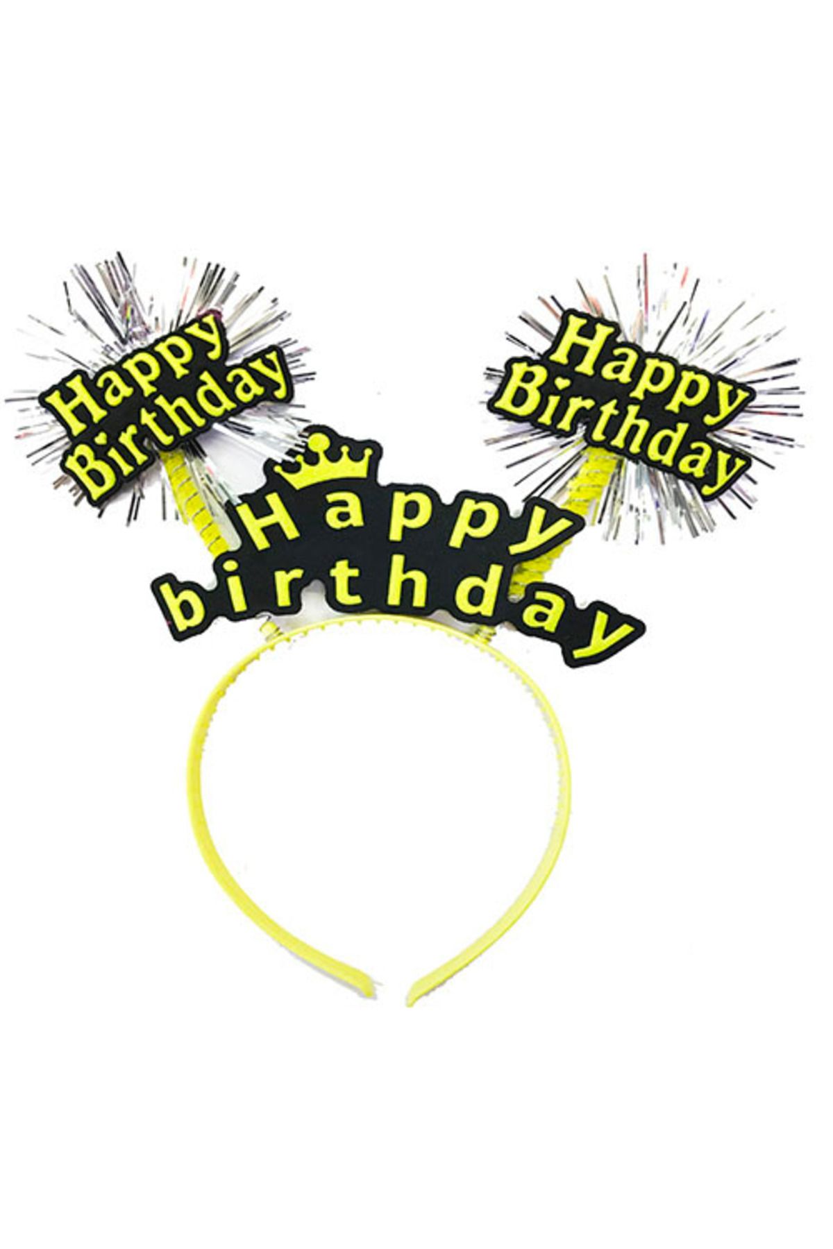 Serero Parti Happy Birthday Püsküllü Neon Sarı Renk Doğum Günü Tacı 22x19 cm