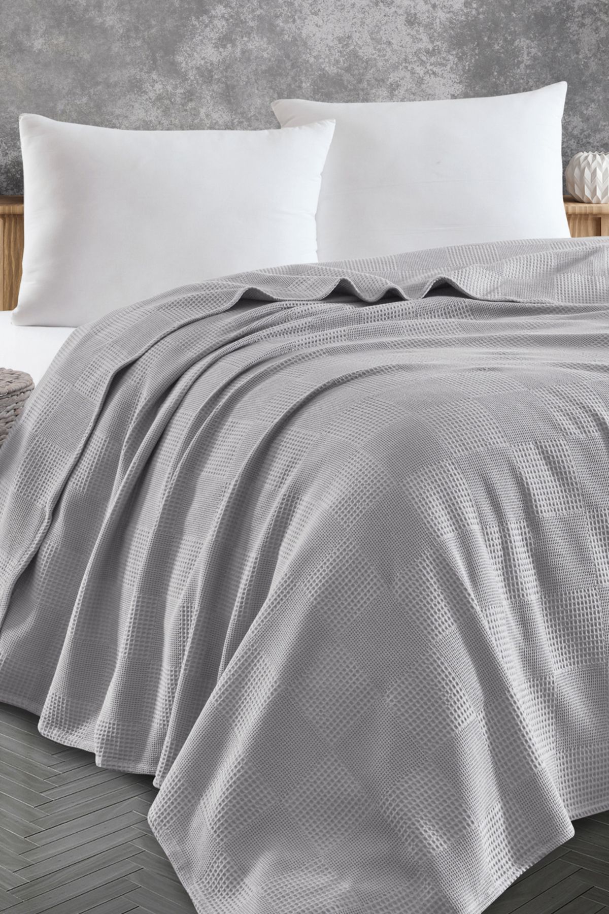 Eponj Home Çift Kişilik %100 Pamuk Pike Örtü 200x230 cm – Karo Desenli Gri – Weave Serisi