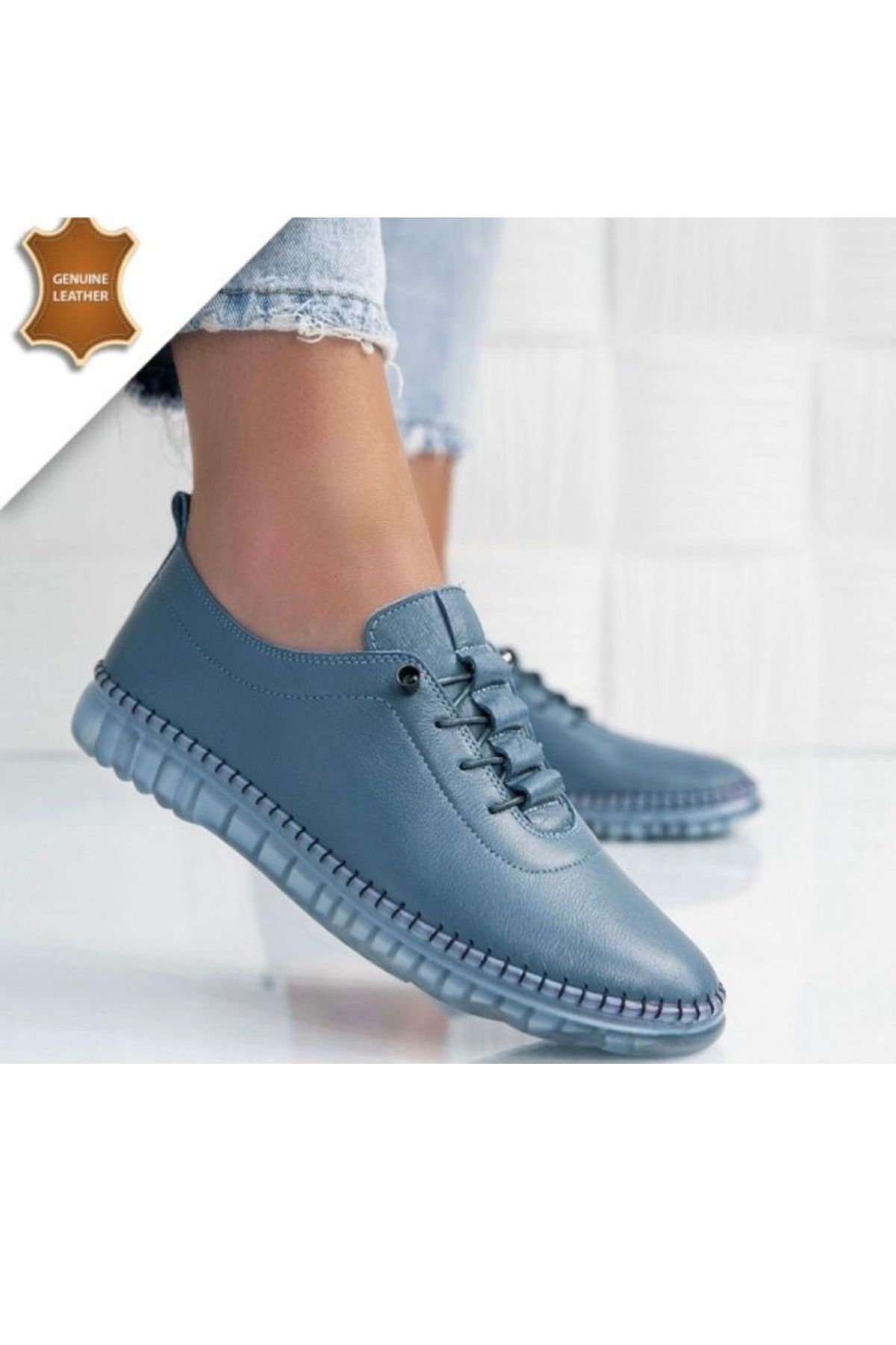 LUXEON Kadın Mavi Hakiki Deri Lastik Bağcıklı Tam Ortopedik Şeffaf Taban Sneaker Şık Günlük Klasik Ayakkabı