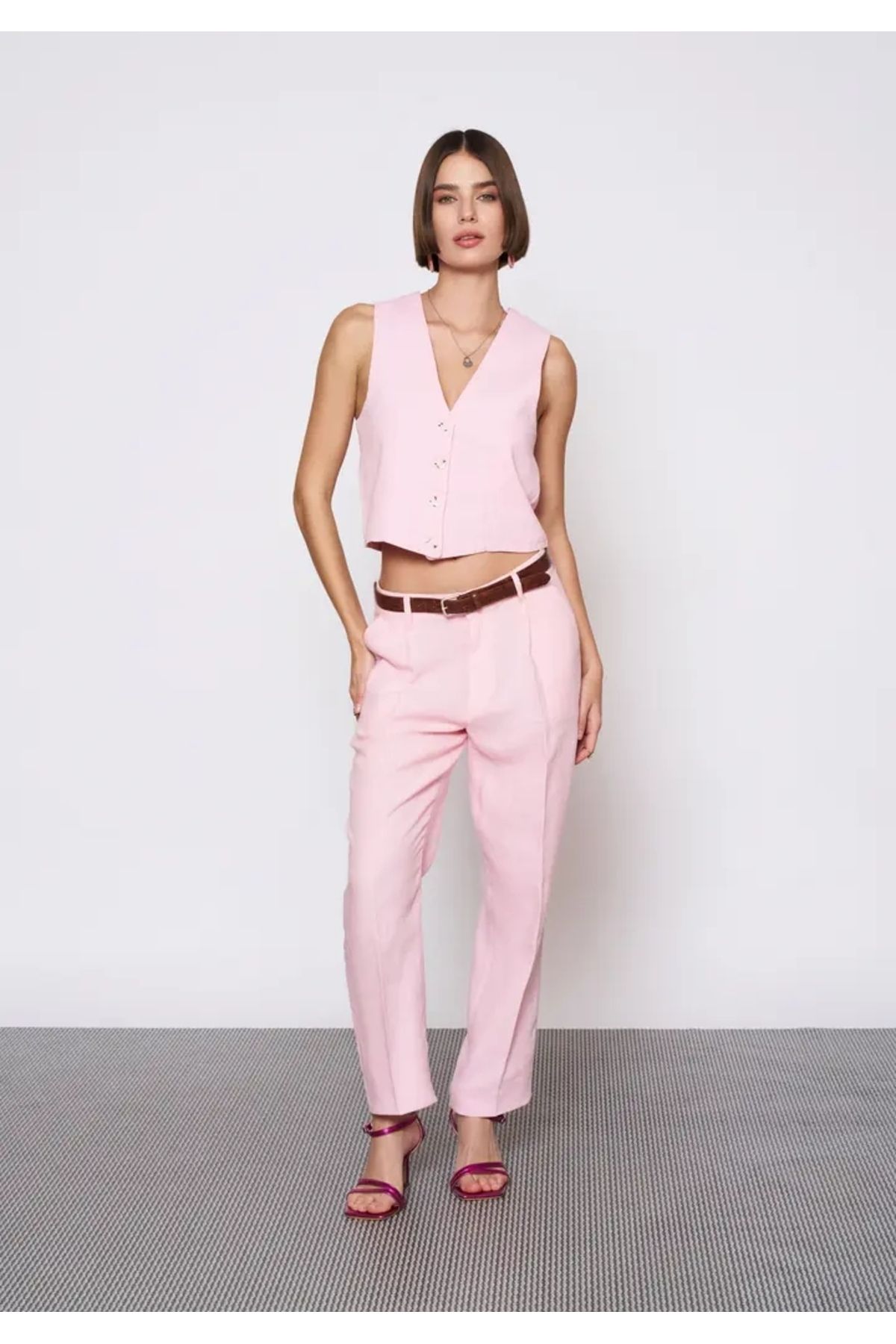 EUROFASHION Kemerli Klasik Pembe Keten Pantolon