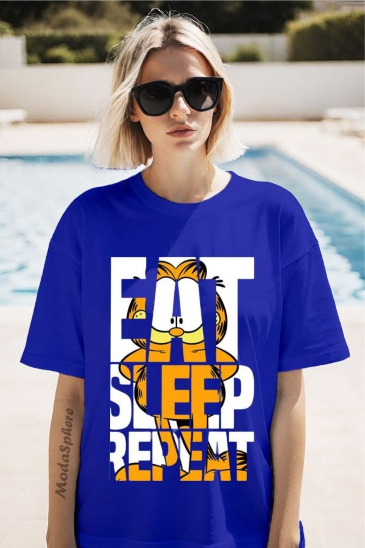 ModaSphere GARFIELD EAT Baskılı Bisiklet Yaka Unisex Oversize Tişört