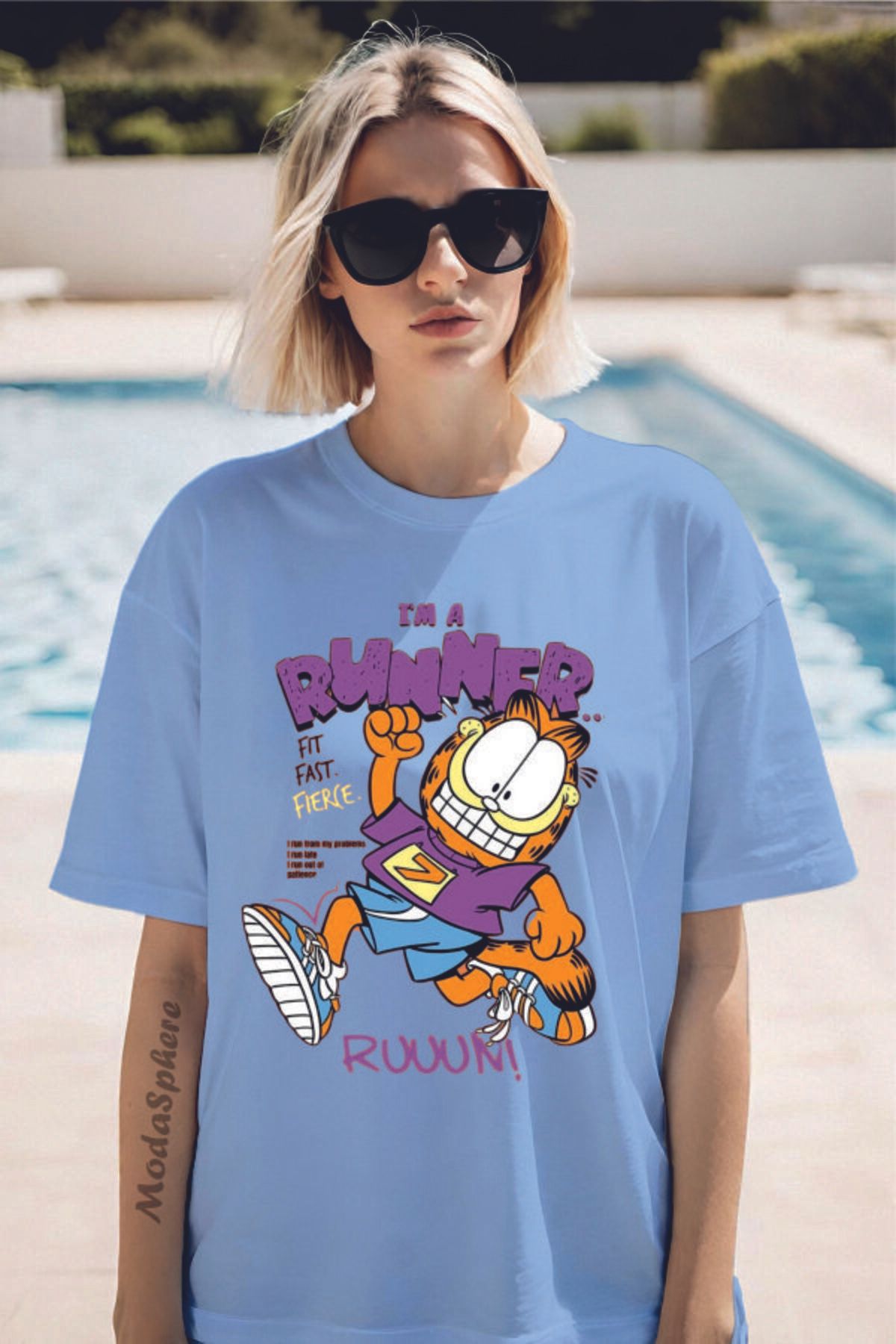 ModaSphere GARFIELD RUNNER Baskılı Bisiklet Yaka Unisex Oversize Tişört