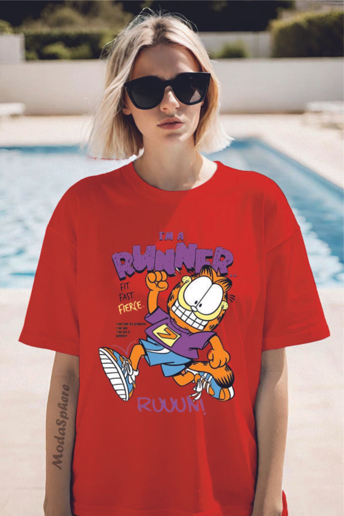ModaSphere GARFIELD RUNNER Baskılı Bisiklet Yaka Unisex Oversize Tişört
