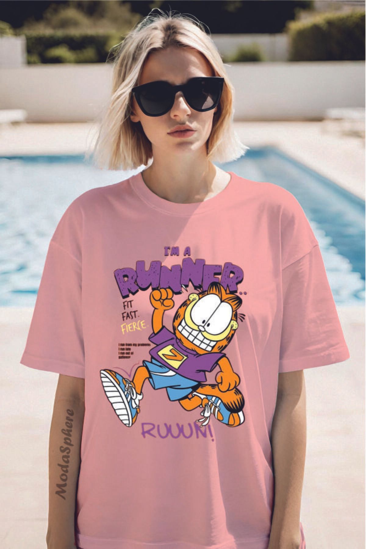 ModaSphere GARFIELD RUNNER Baskılı Bisiklet Yaka Unisex Oversize Tişört