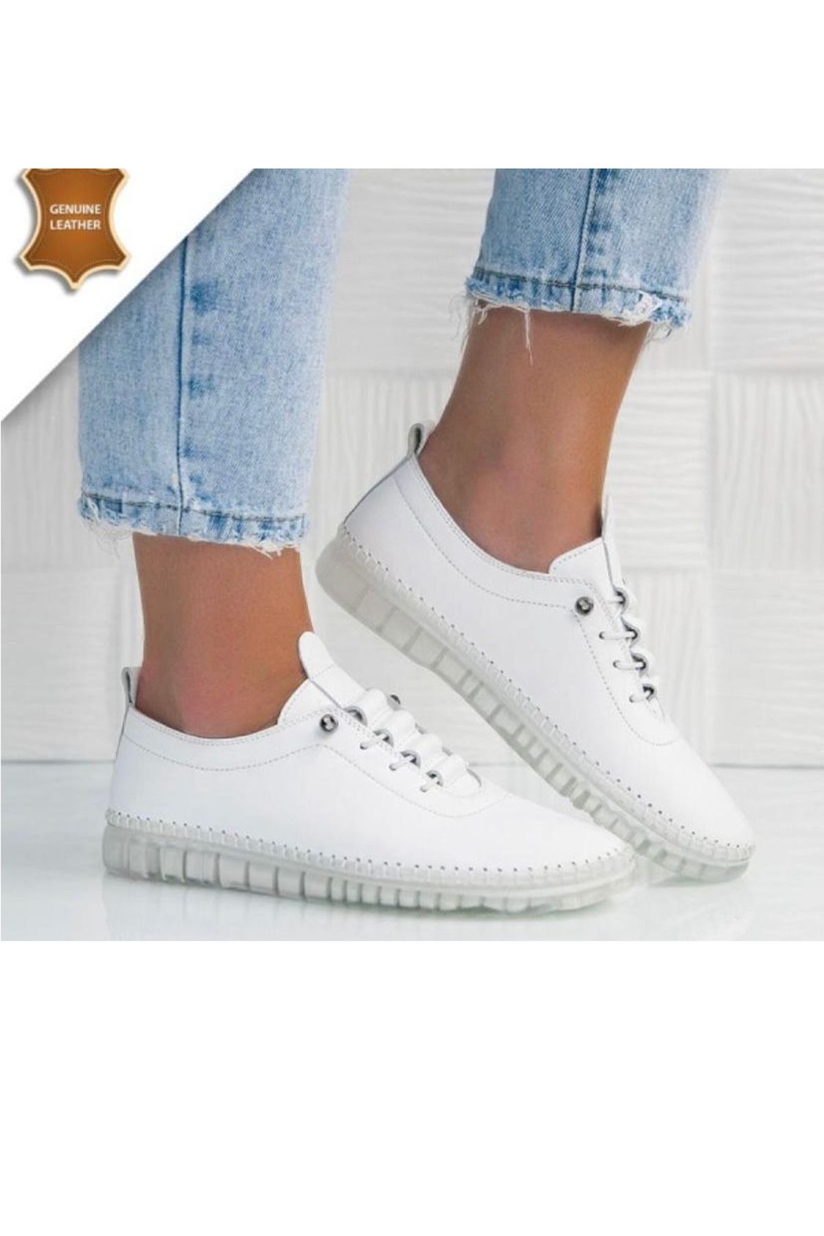 LUXEON Kadın Beyaz Hakiki Deri Lastik Bağcıklı Tam Ortopedik Şeffaf Taban Sneaker Günlük Klasik Ayakkabı