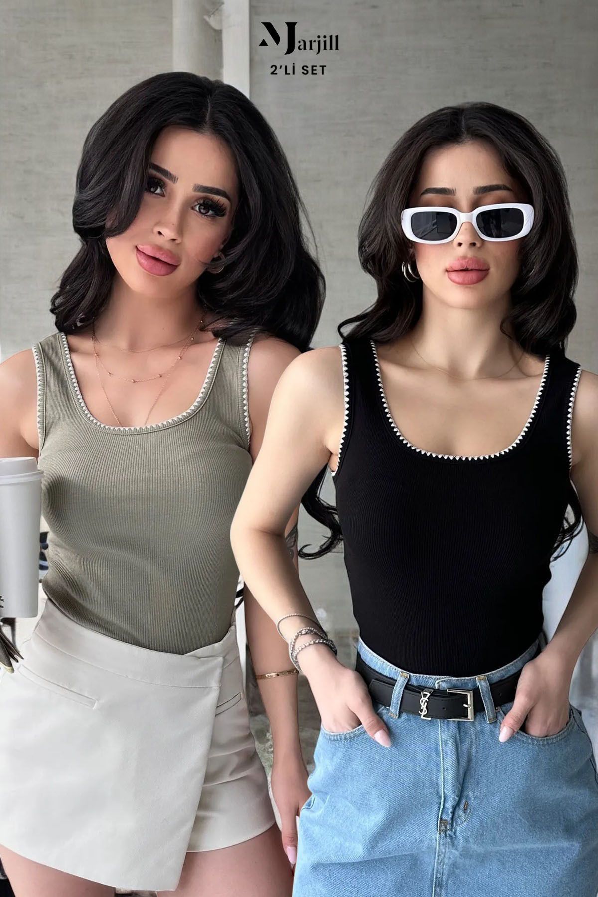 Marjill 2'li Ekonomik Paket Nakış Detaylı Kalın Askılı Bluz Atlet