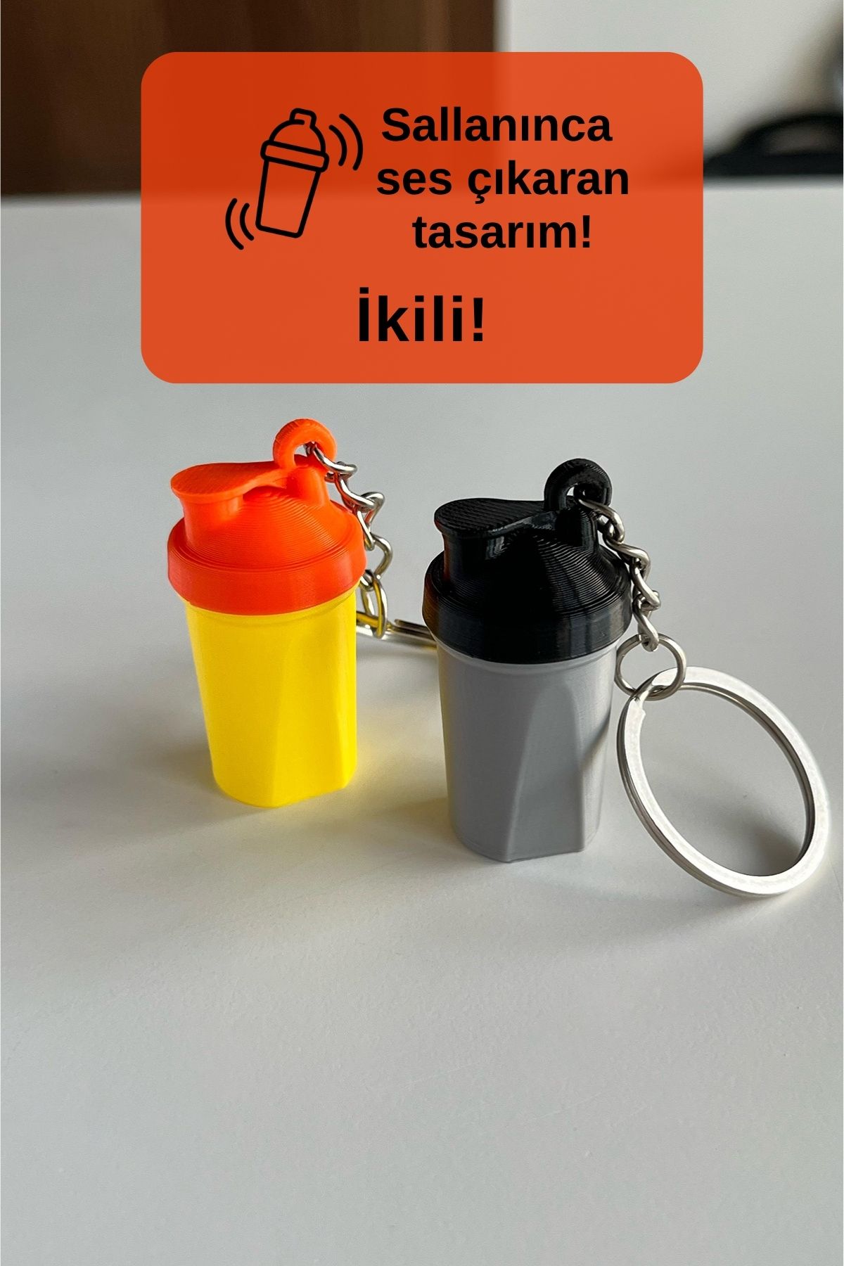 Harmonis Craft 2 Adet Protein Shaker Anahtarlık Sallanınca Ses Çıkaran Sporcu Anahtarlık - Sarı Turuncu-Gri Siyah