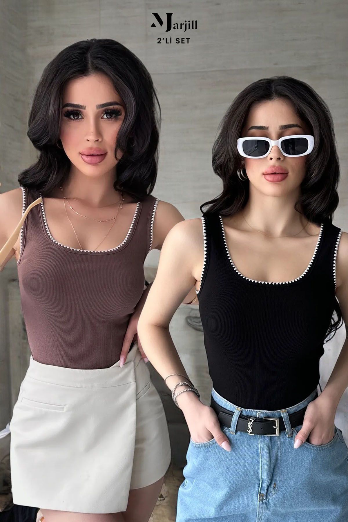 Marjill 2'li Ekonomik Paket Nakış Detaylı Kalın Askılı Bluz Atlet
