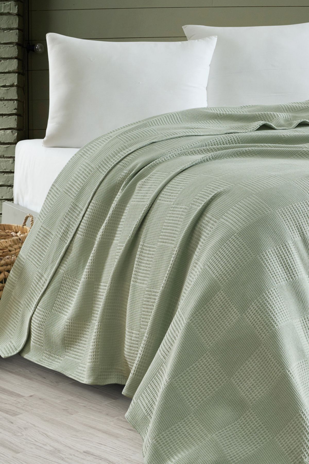 Eponj Home Tek Kişilik %100 Pamuk Pike Örtü 160x230 cm – Karo Desenli ÇağlaYeşili – Weave Serisi