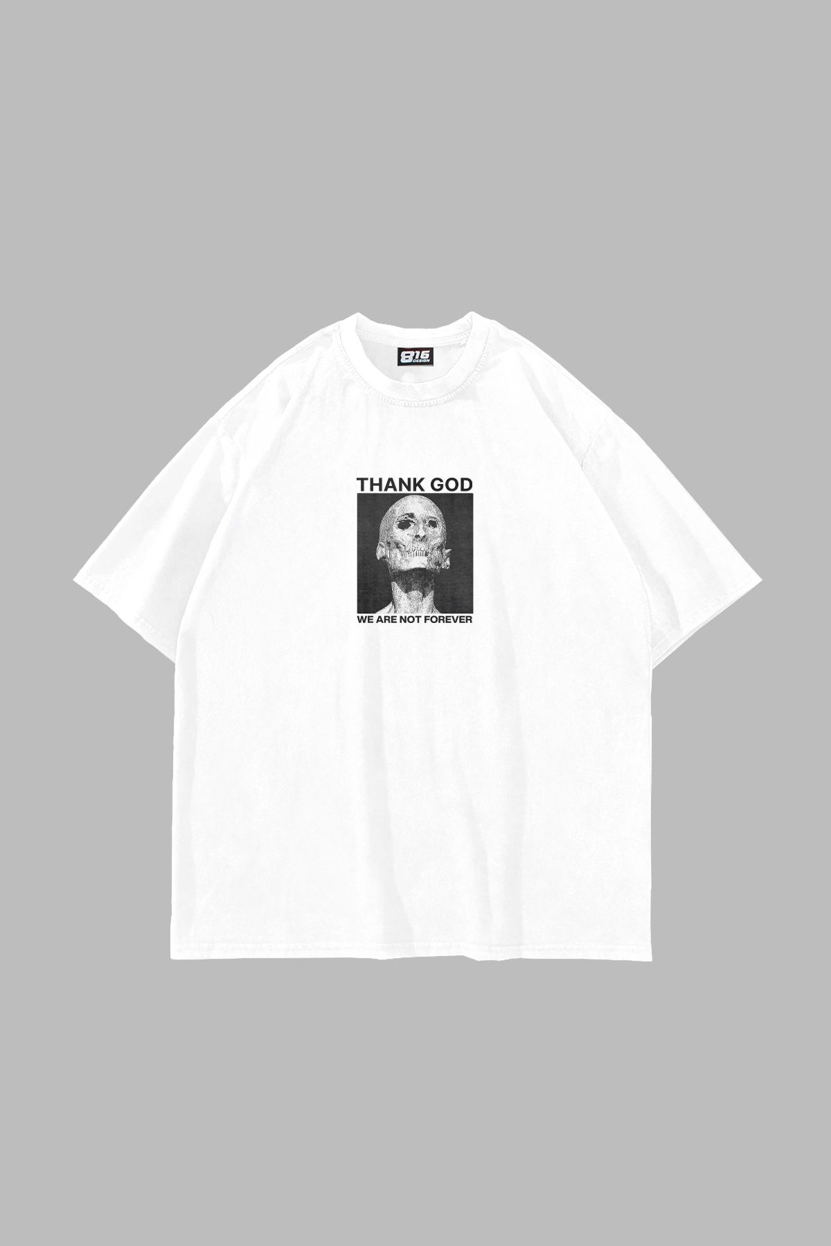 Sekizbiraltı Thank God Baskılı Oversize Unisex Beyaz Tshirt