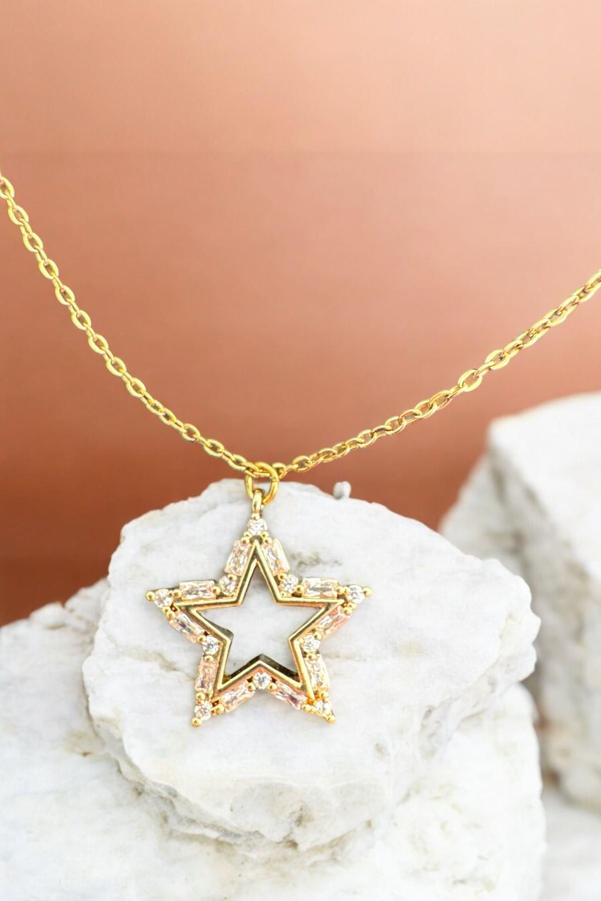 Raneel Kazançlı Alışveriş Altın Kaplama Taşlı Yıldızlı Kolye Gold