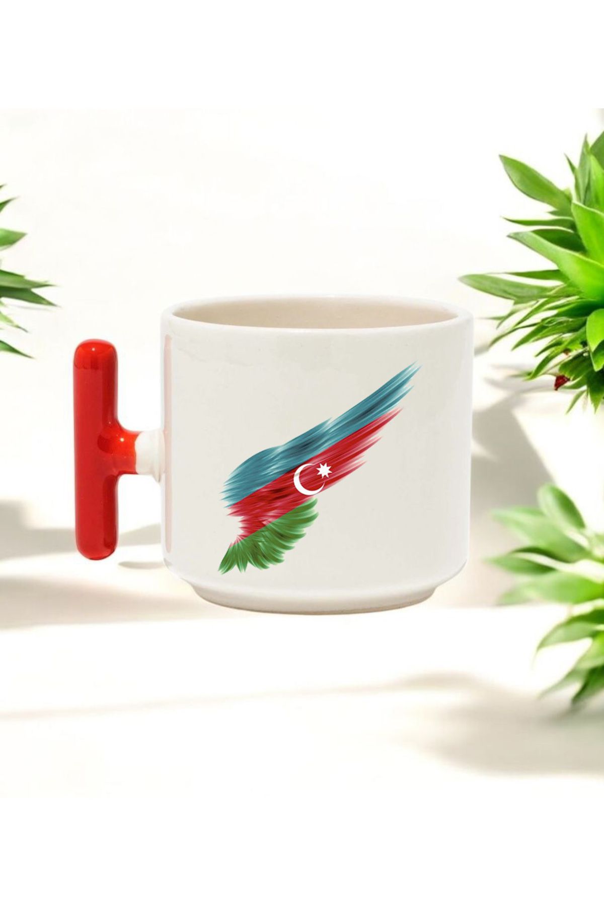 BB TRADE Azerbaycan Tasarımlı Kırmızı T Kulplu Seramik Baskılı Kupa Bardak 250 ML