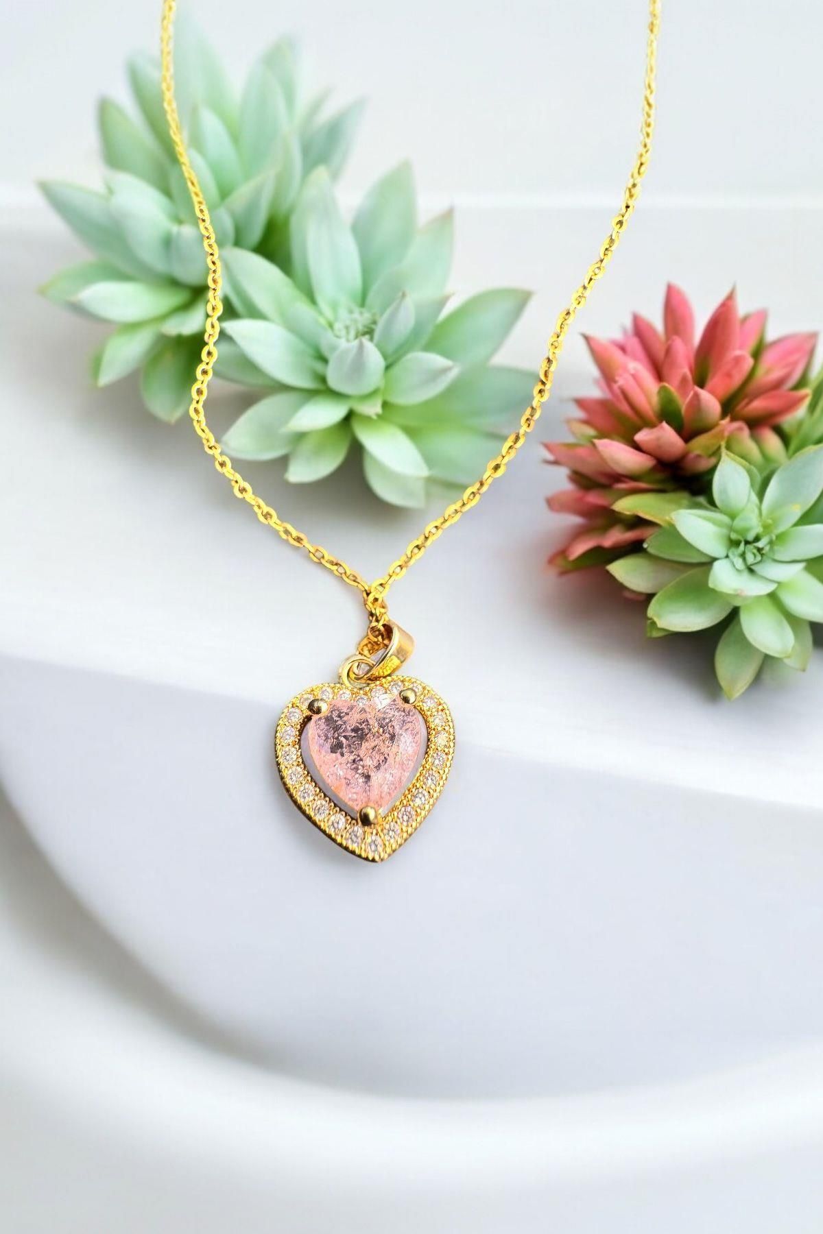 Raneel Kazançlı Alışveriş Pembe Kalpli Elmas Altın Zincir Kolye Gold