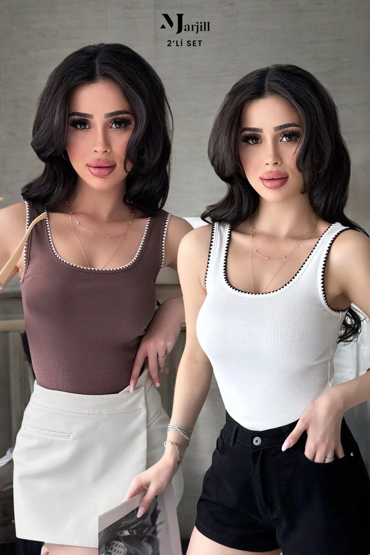 Marjill 2'li Ekonomik Paket Nakış Detaylı Kalın Askılı Bluz Atlet