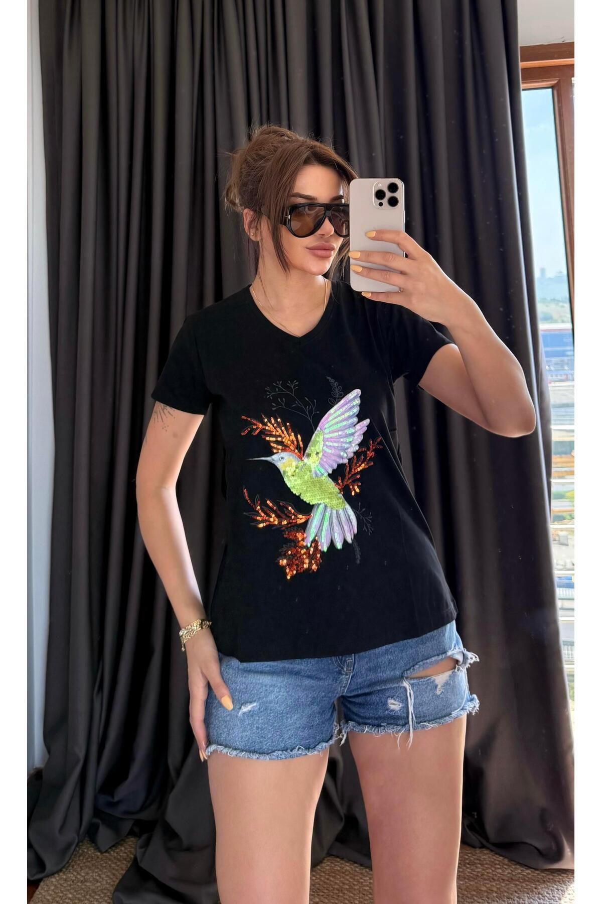 Daves Siyah Yeni Sezon %100 Pamuk T-shirt-Kuş Işlemeli