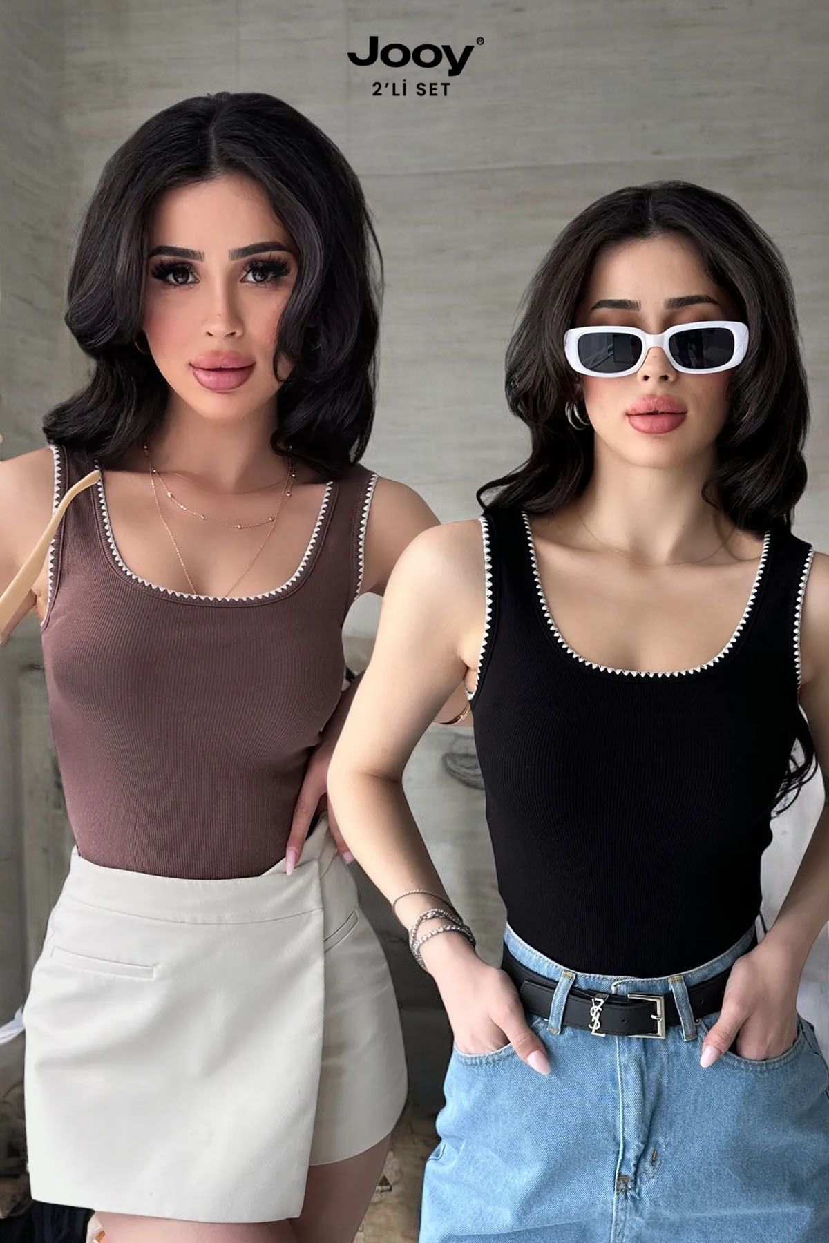 Jooy 2'li Ekonomik Paket Nakış Detaylı %100 Pamuklu Kalın Askılı Bluz Atlet