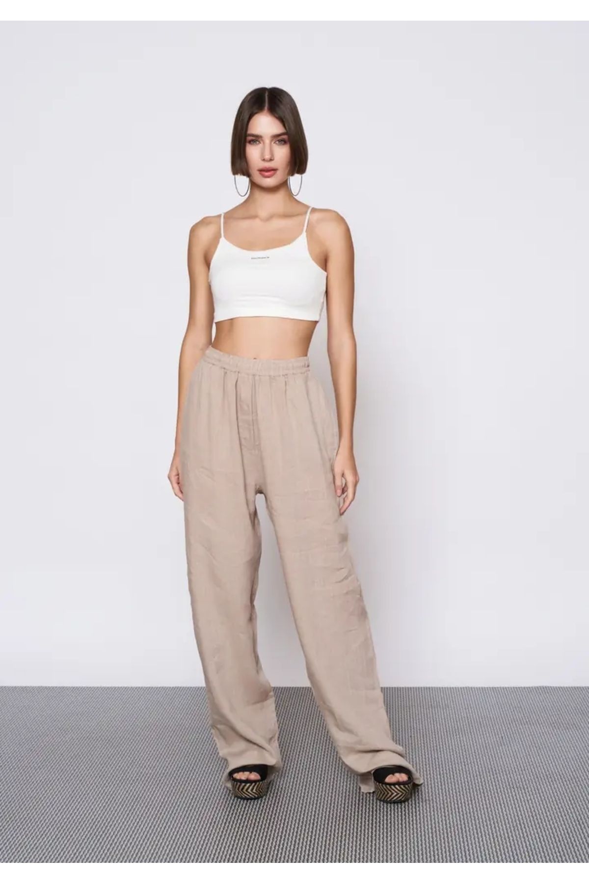 EUROFASHION Bej Beli Lastikli Keten Pantolon