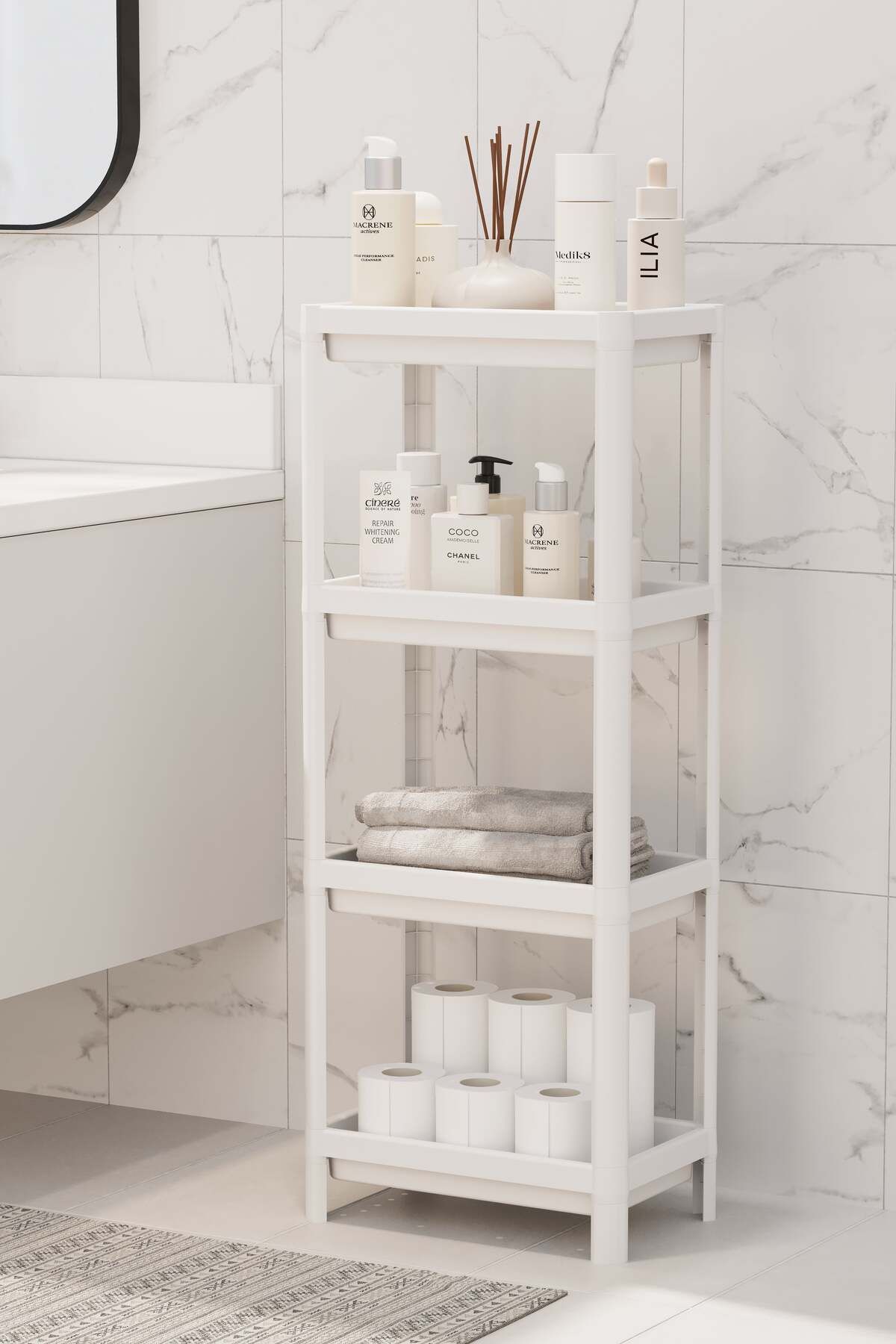 Omaş Household Product 4 Katlı Banyo Raf Ünitesi Siyah Banyo Düzenleyici Şampuanlık Havluluk Dolap