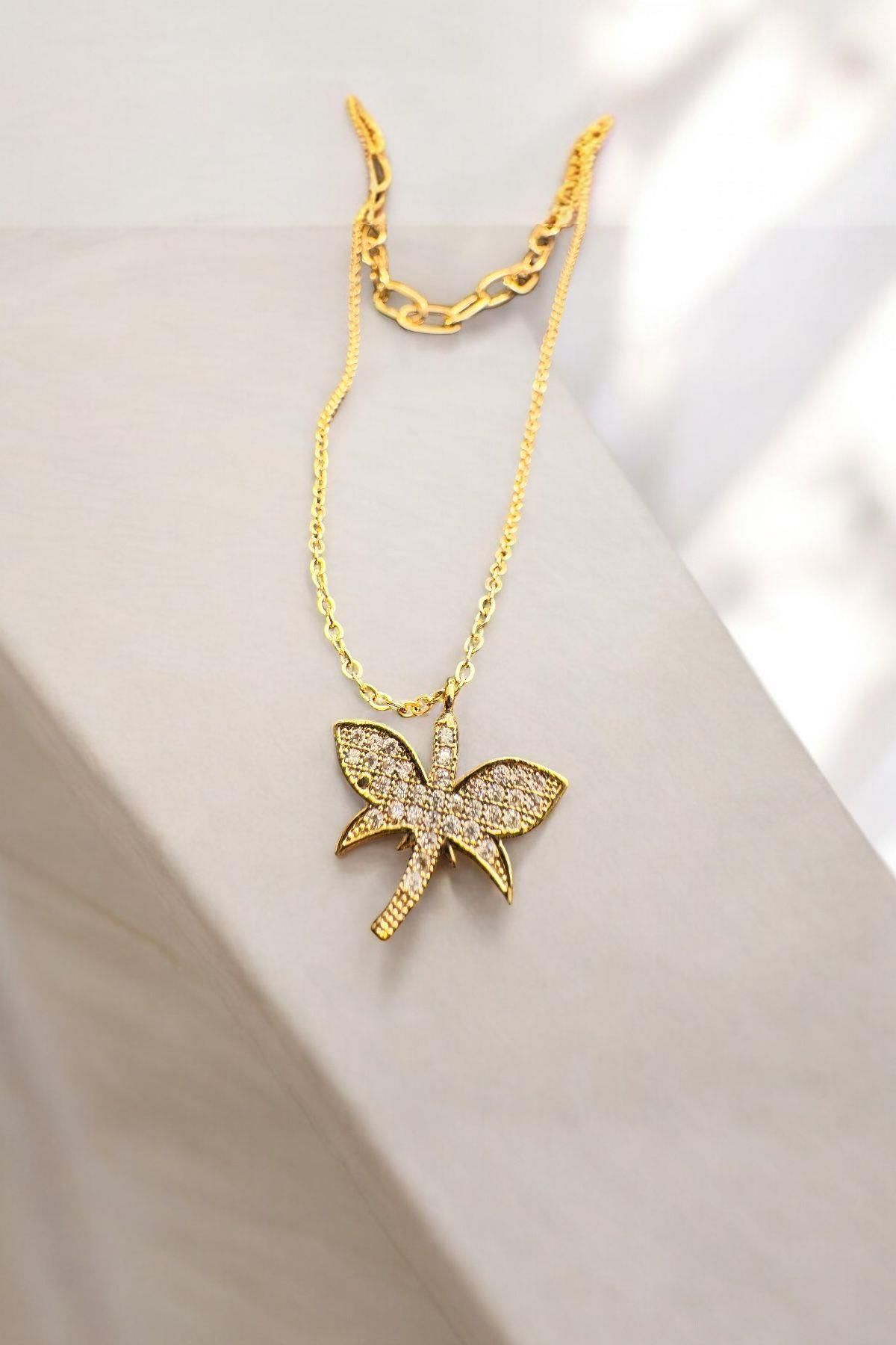 Raneel Kazançlı Alışveriş Kelebek Model İki Zincirli Taşlı Kolye Gold