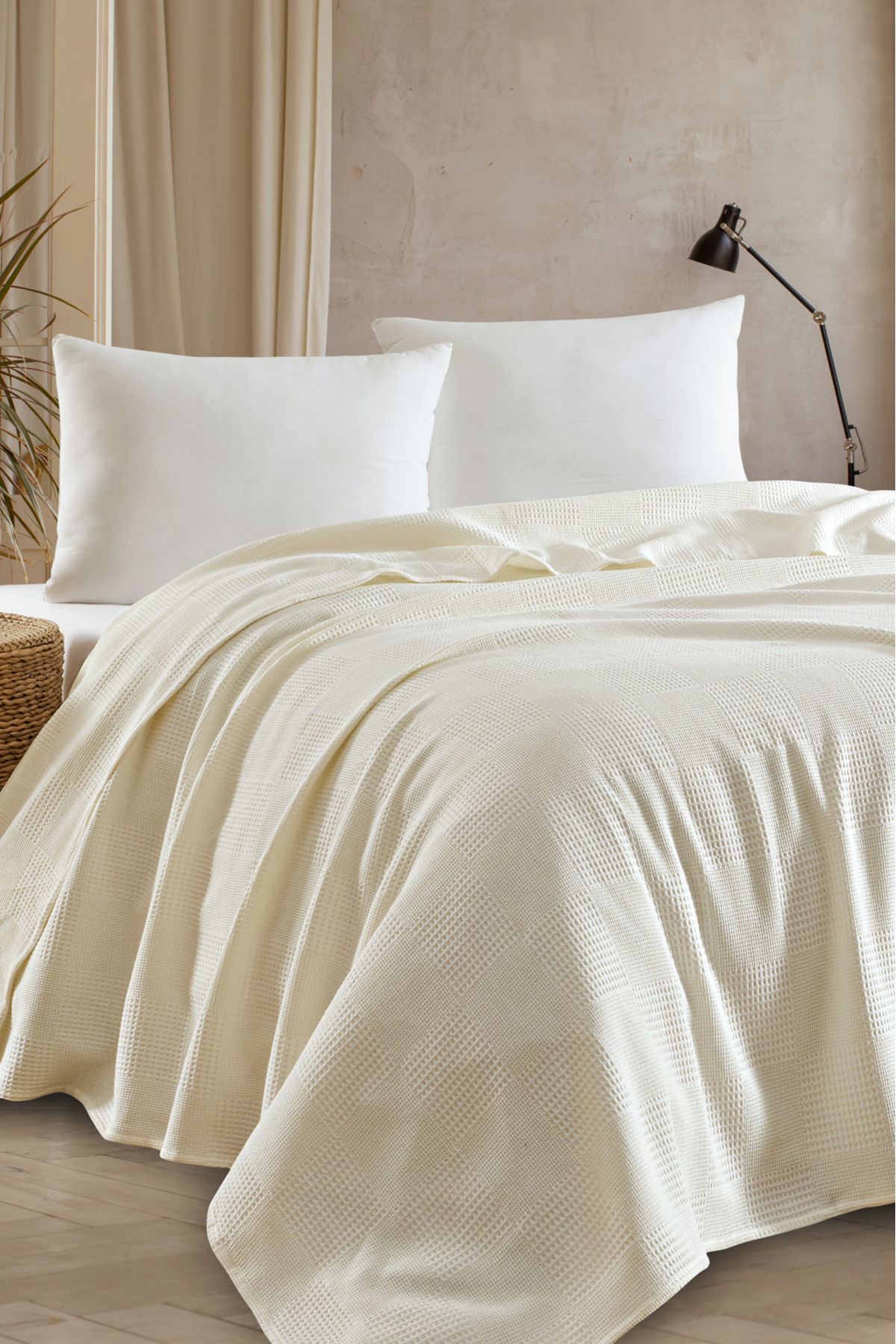 Eponj Home Çift Kişilik %100 Pamuk Pike Örtü 200x230 cm – Karo Desenli Krem – Weave Serisi