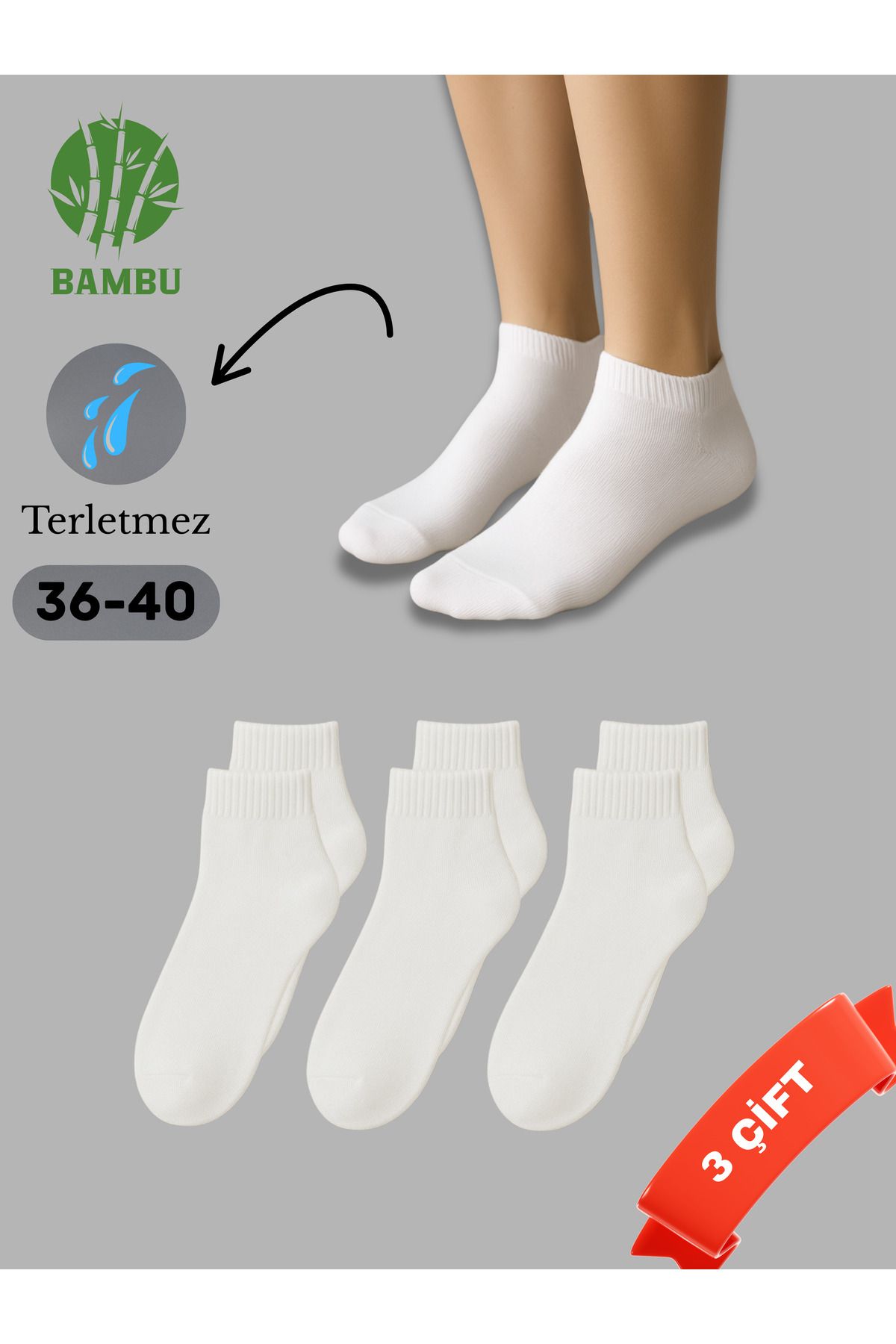 Home Bambu Kadın Patik Beyaz Çorap Dikişsiz 3'lü Paket