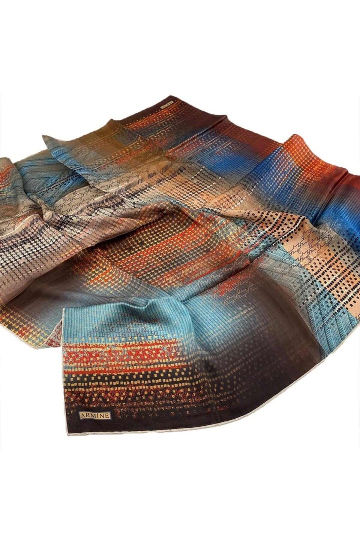 Armine Nostalji Serisi Twill İpek Eşarp 8602D-33 Geometrik Desen Bakır-İndigo