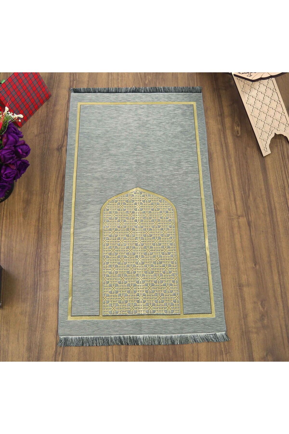 İkranur Selçuklu Desenli Lüks Şönil Seccade Gri (66x120 cm) 520 gr