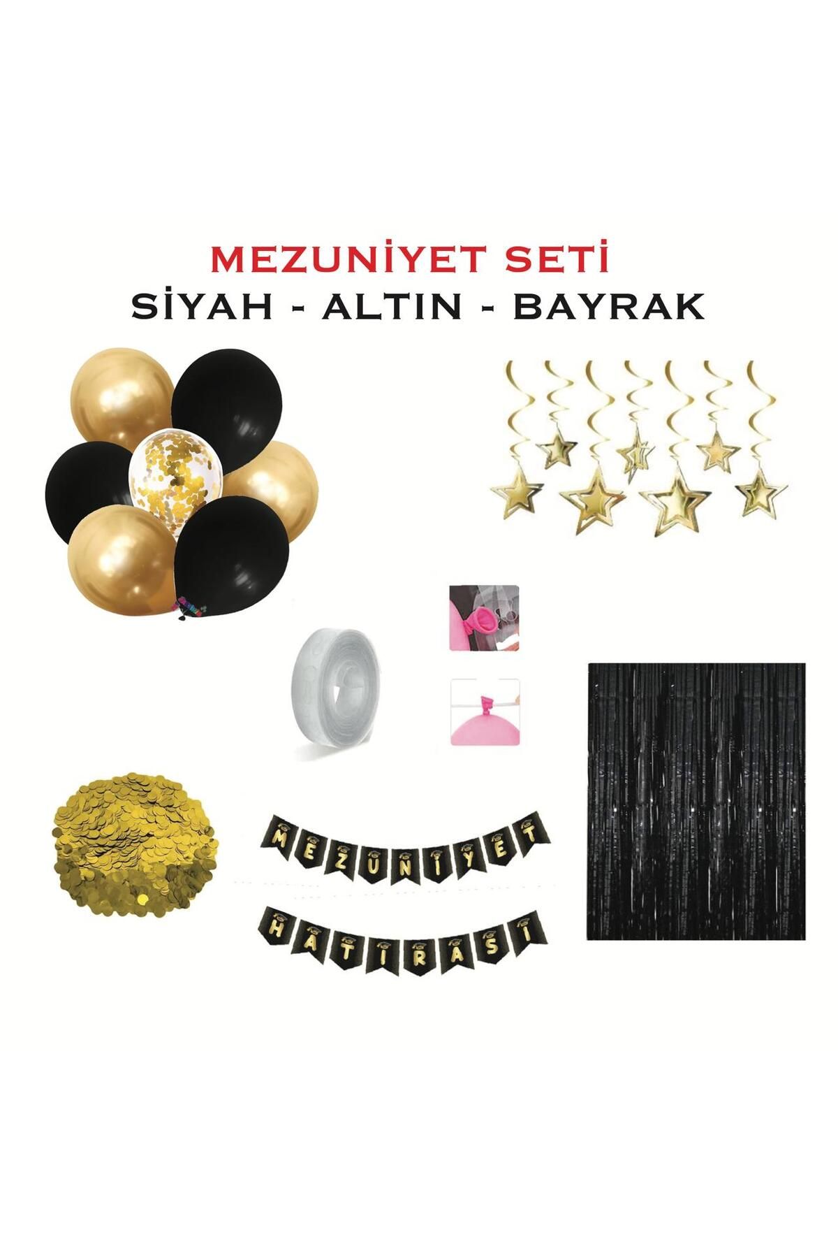 PARTİMİO PARTİ MALZEMELERİ Mezuniyet Seti Siyah Altın Bayraklı Model