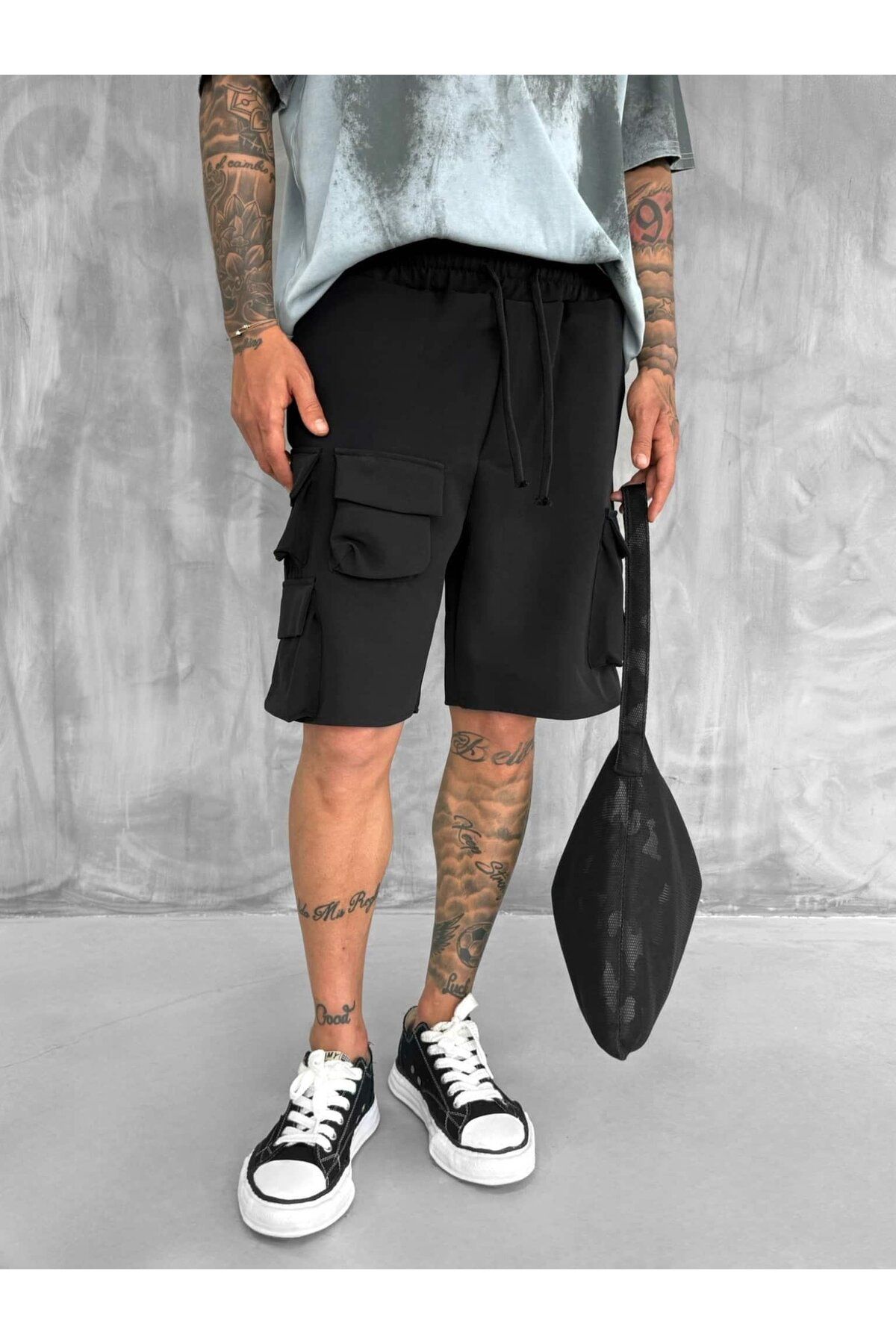 ablukaonline Erkek Beli Lastikli Kargo Cepli Oversize Şort Siyah