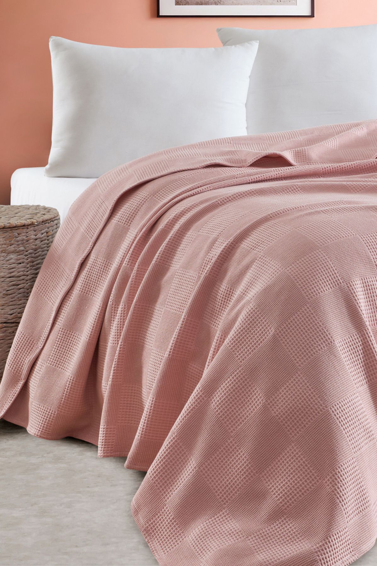 Eponj Home Tek Kişilik %100 Pamuk Pike Örtü 160x230 cm – Karo Desenli Pudra – Weave Serisi