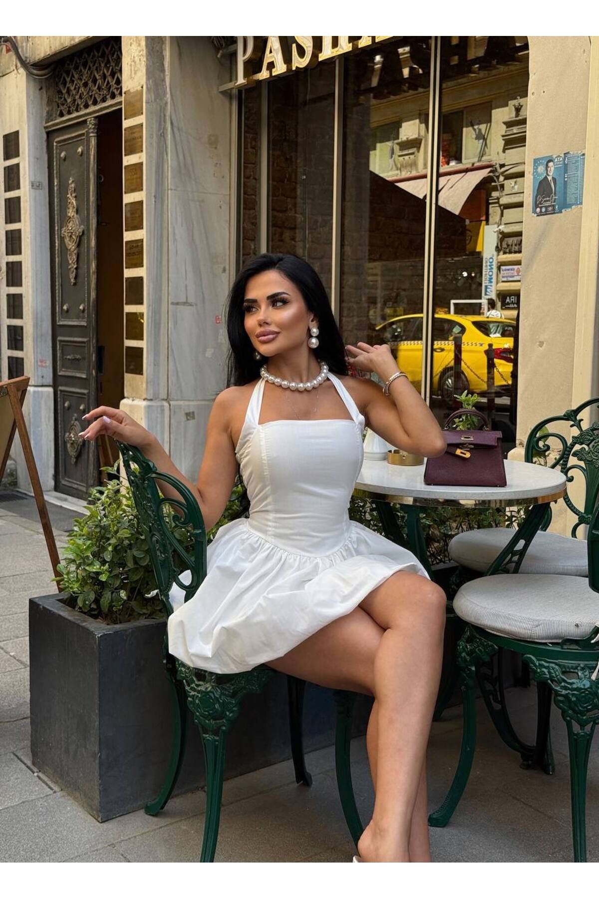 VİSKALİ Askılı Kare Yaka Mini Balon Elbise