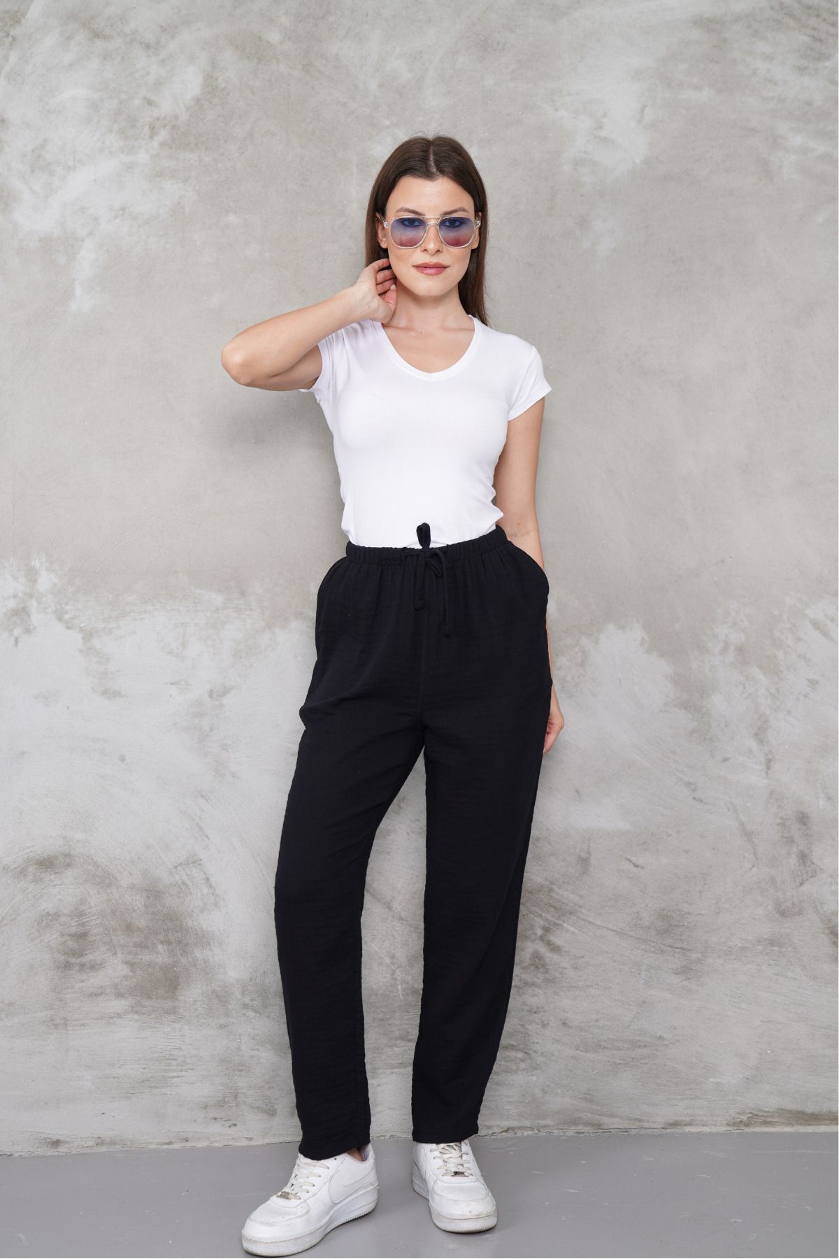 macharel jeans Müslin Düz Paça Cepli Pantolon