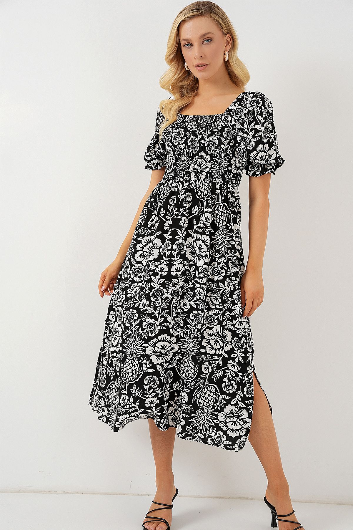 Bigdart-2512 Gemustertes Schlitzkleid - D. Schwarz 3