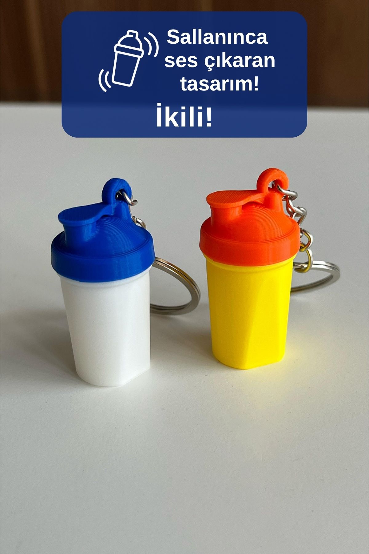 Harmonis Craft 2 Adet Protein Shaker Anahtarlık Sallanınca Ses Çıkaran Sporcu Anahtarlık - Sarı Turuncu-Beyaz Mavi