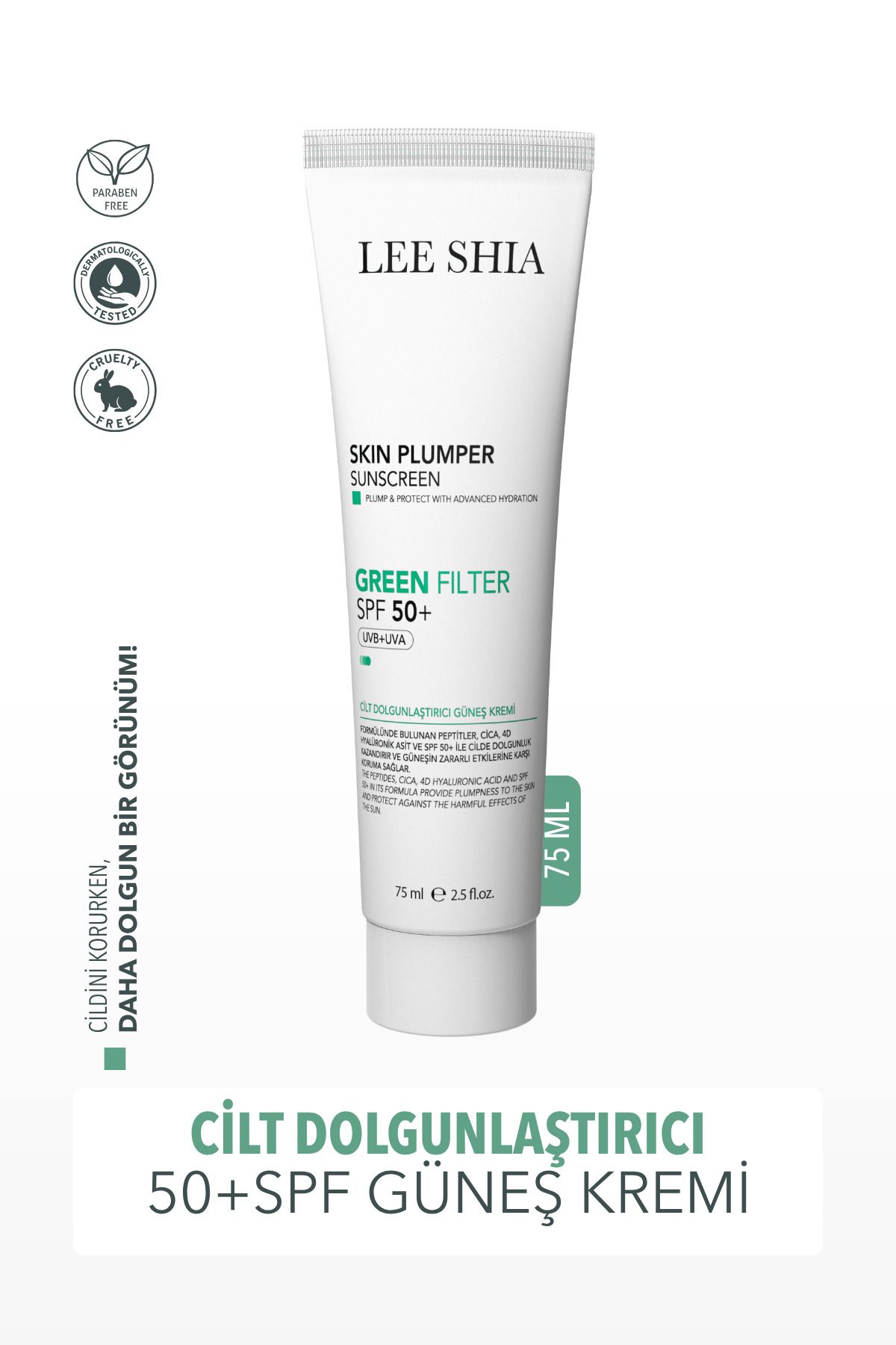 Lee Shia Cilt Dolgunlaştırıcı 50+ SPF Güneş Kremi - 75 ml (Cica, Hyalüronik Asit, Niasinamid)